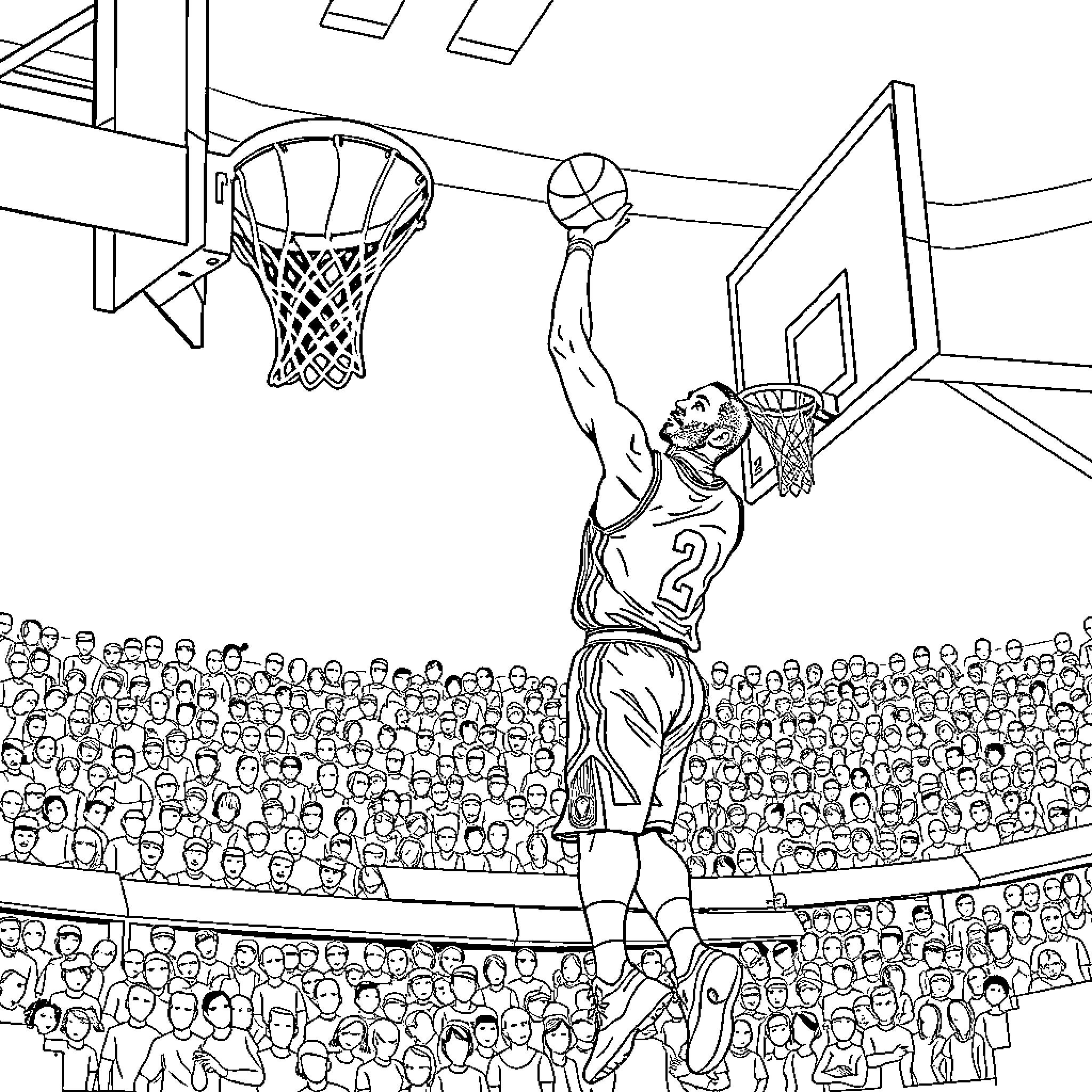 Derrick Rose dunking over crowd in basketball arena Coloring Page (free black-and-white line drawing printable PDF for all, from beginners to advanced learners, including children, teens, adults, and seniors)