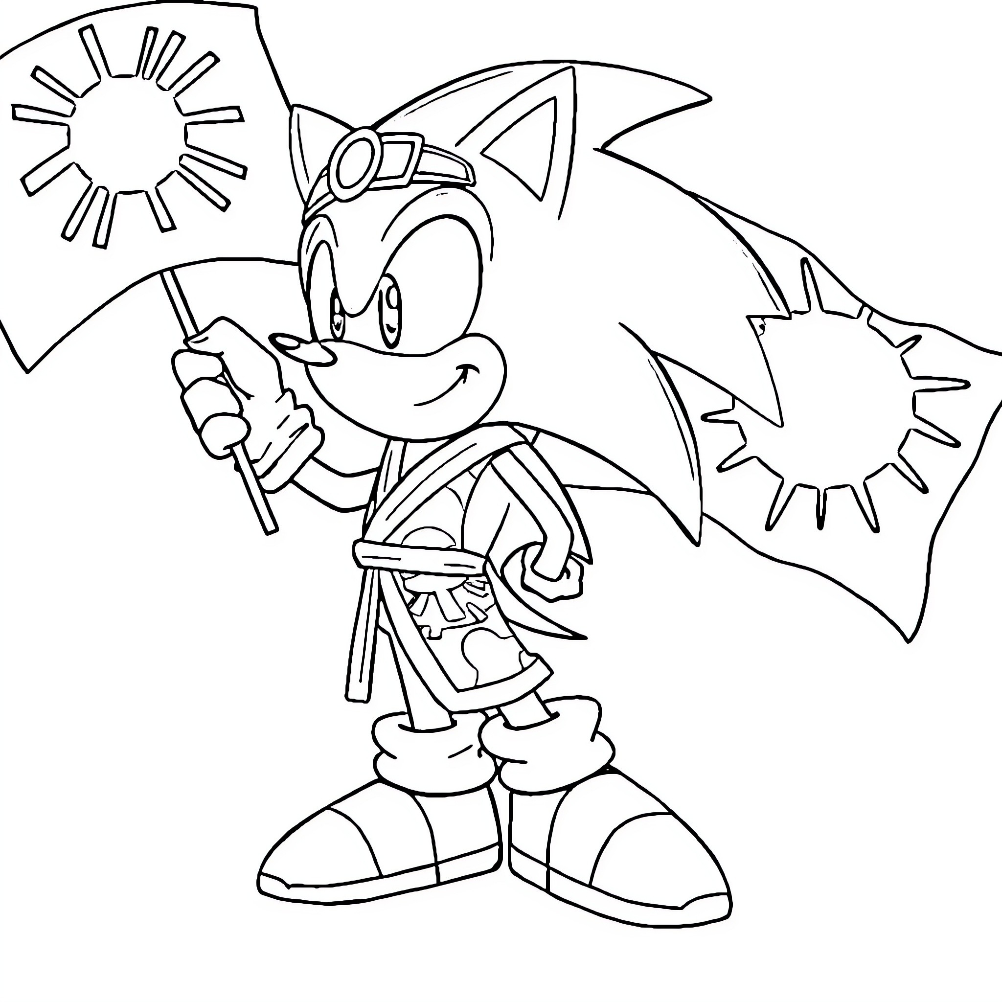 Sonic the Hedgehog running with sun and flag Coloring Page (free black-and-white line drawing printable PDF for all, from beginners to advanced learners, including children, teens, adults, and seniors)