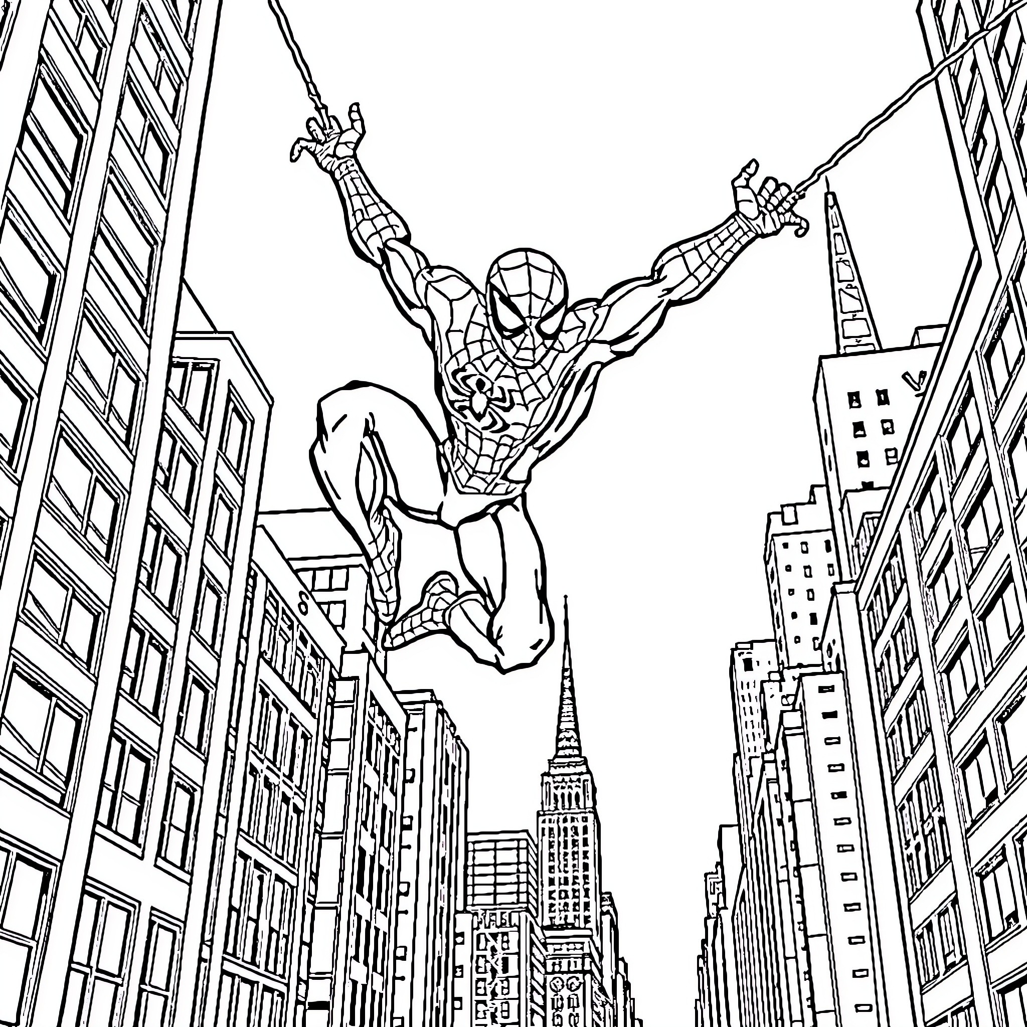 Spiderman swinging through the cityscape Coloring Page (free black-and-white line drawing printable PDF for all, from beginners to advanced learners, including children, teens, adults, and seniors)