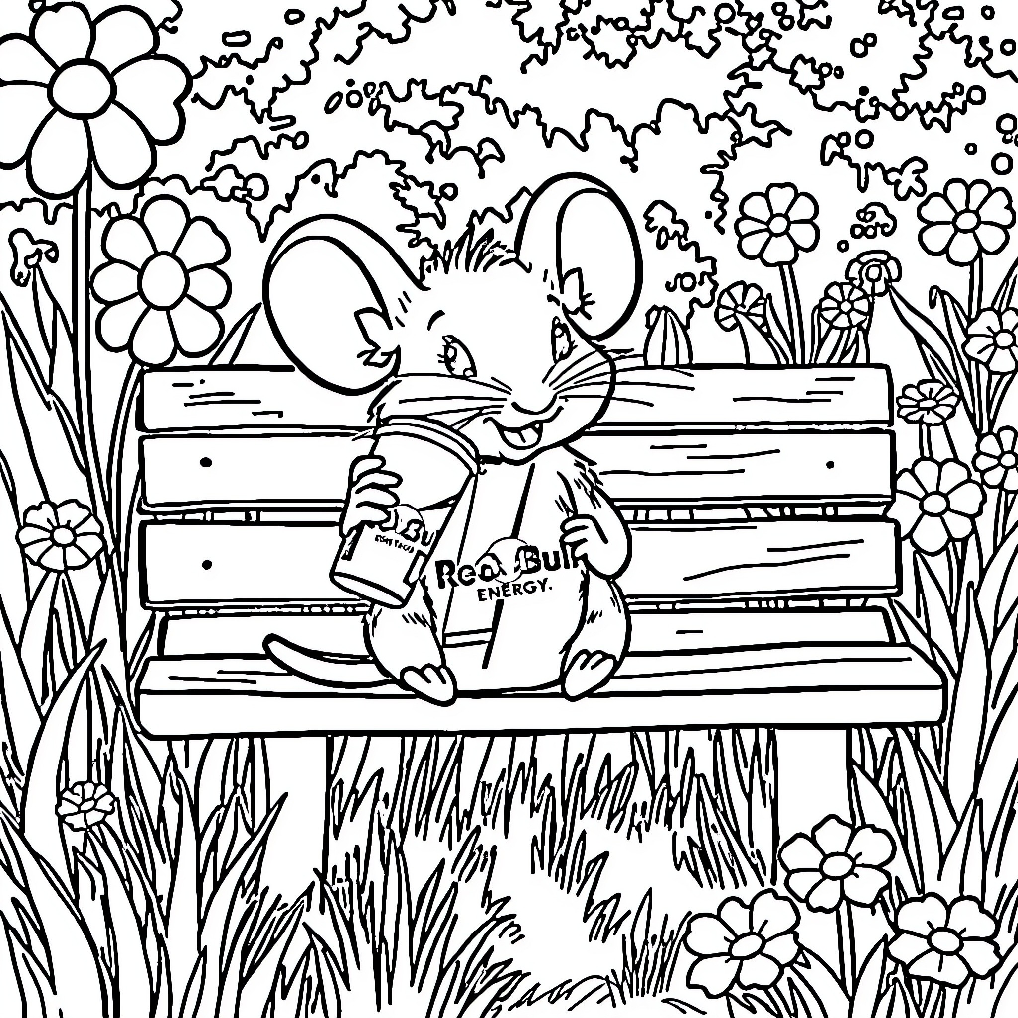 Mouse relaxing on a bench in a floral garden Coloring Page (free black-and-white line drawing printable PDF for all, from beginners to advanced learners, including children, teens, adults, and seniors)