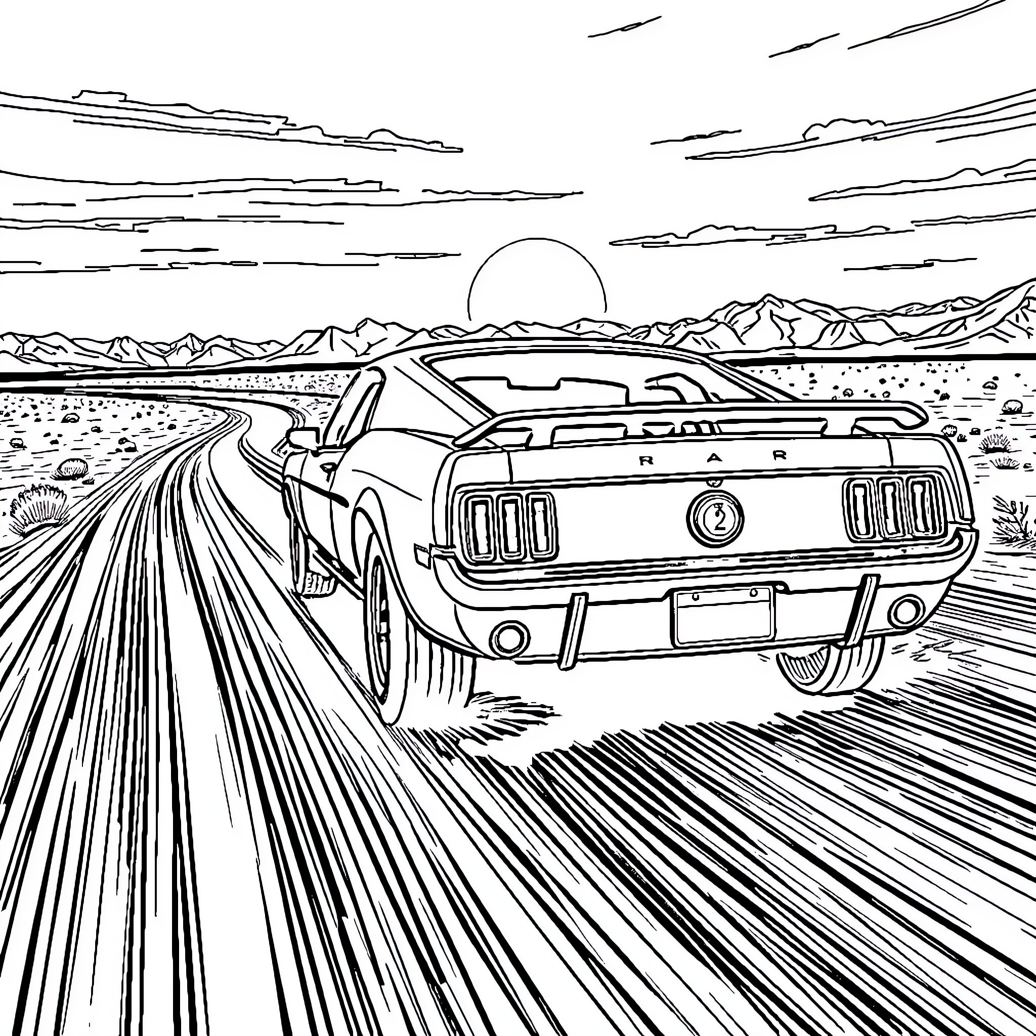 Mustang racing through the open desert landscape Coloring Page (free black-and-white line drawing printable PDF for all, from beginners to advanced learners, including children, teens, adults, and seniors)