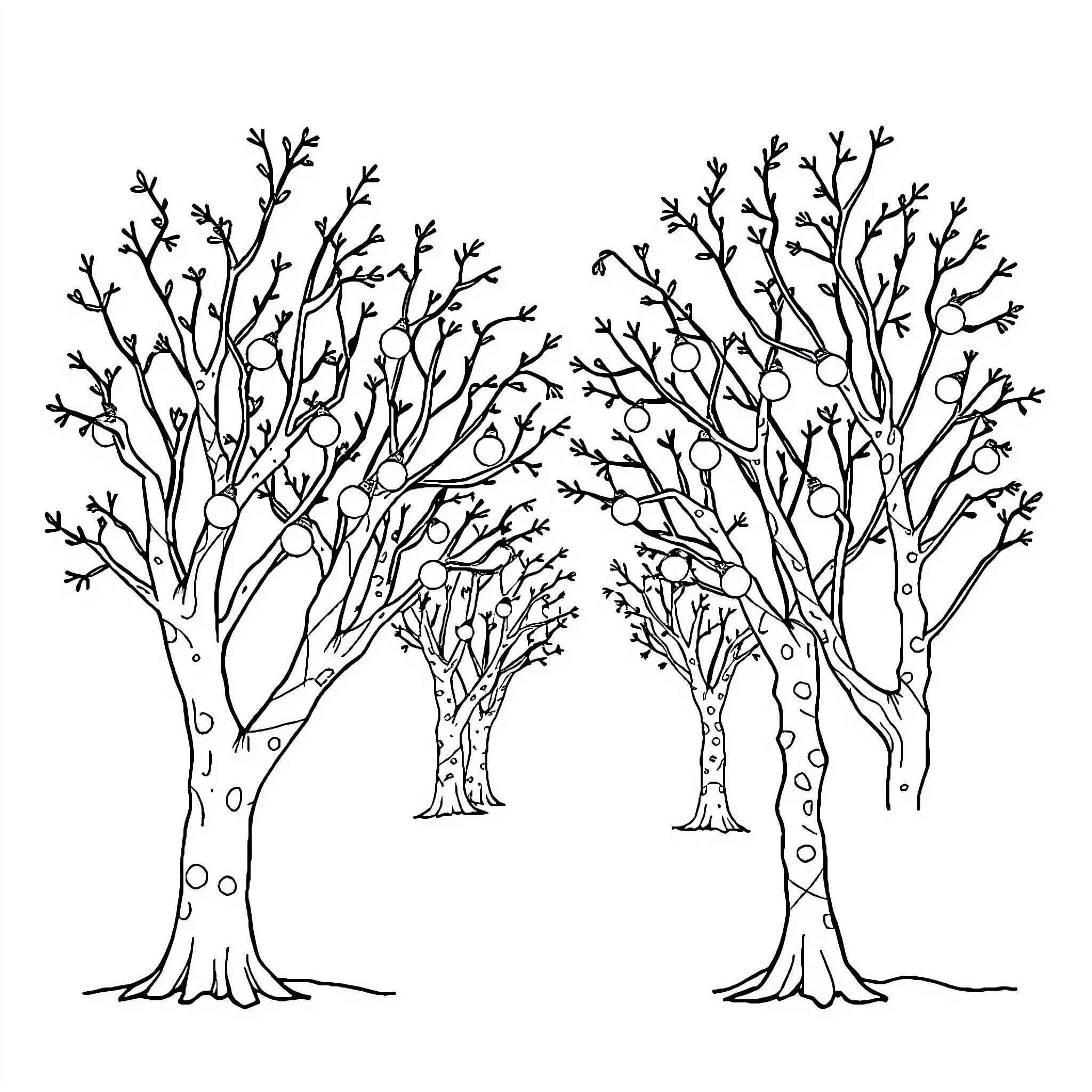 Christmas Tree Silhouettes in Wintry Forest Coloring Page (free black-and-white line drawing printable PDF for all, from beginners to advanced learners, including children, teens, adults, and seniors)