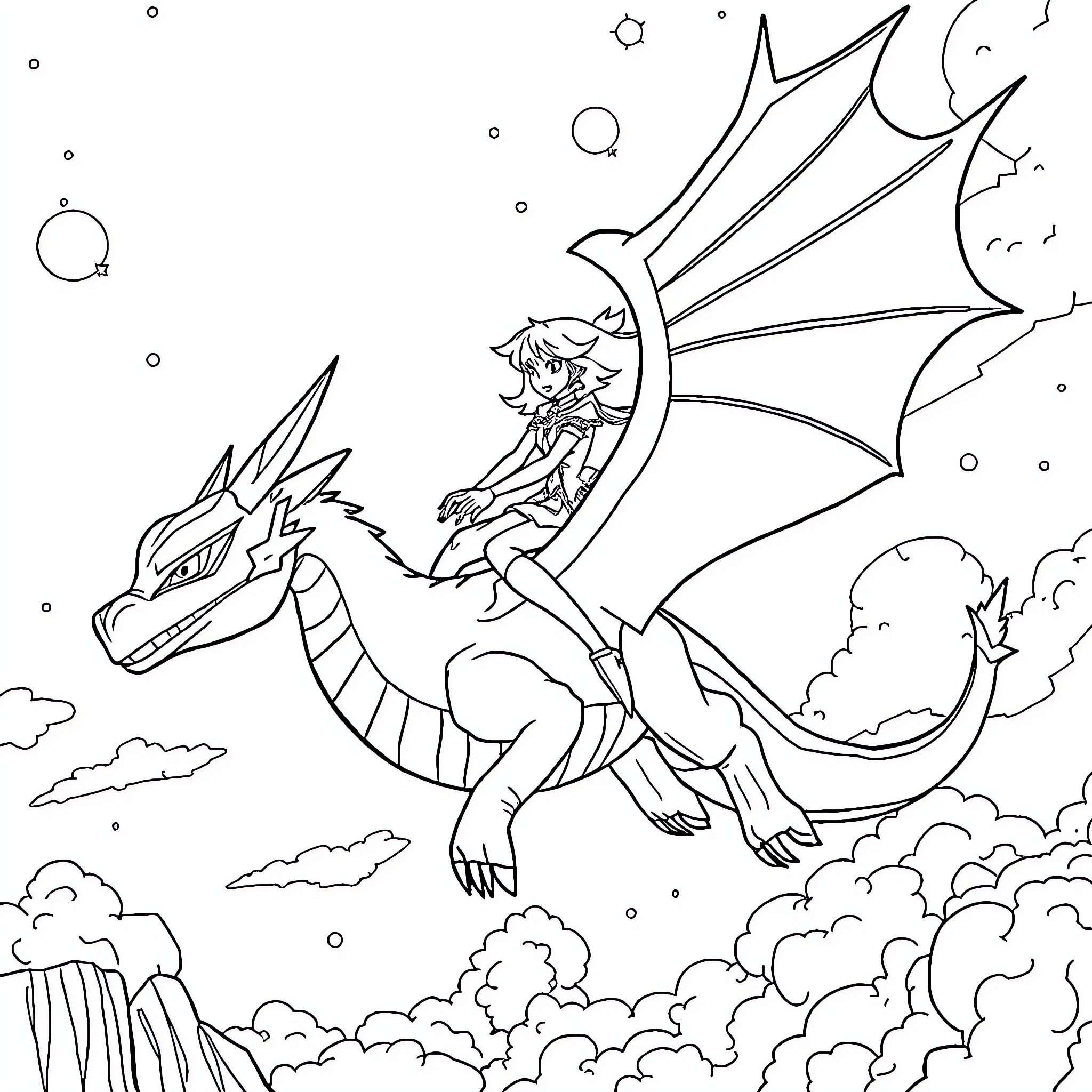 Ruby soaring on the dragon above the clouds Coloring Page (free black-and-white line drawing printable PDF for all, from beginners to advanced learners, including children, teens, adults, and seniors)