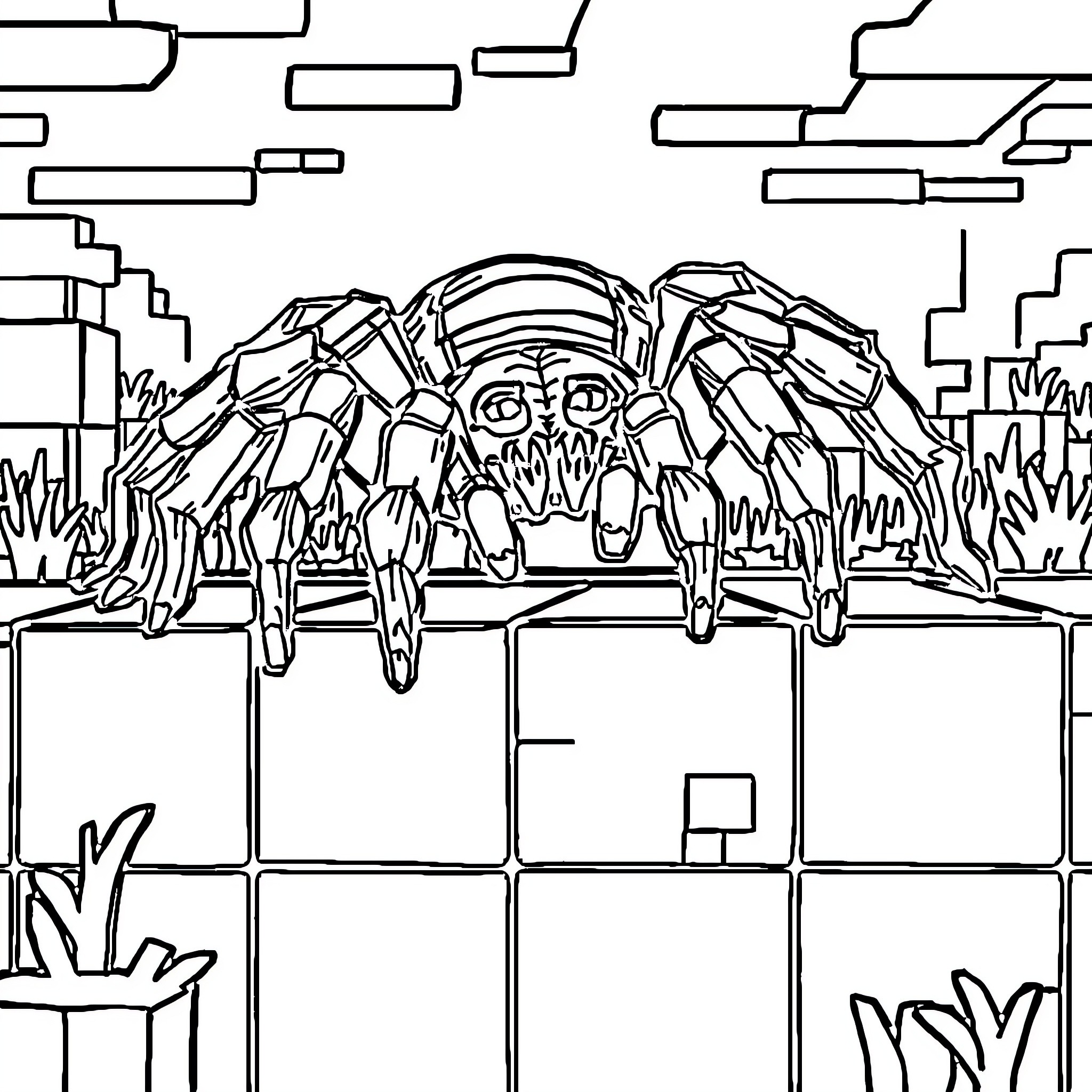 Tarantula scuttling across a geometric landscape Coloring Page (free black-and-white line drawing printable PDF for all, from beginners to advanced learners, including children, teens, adults, and seniors)
