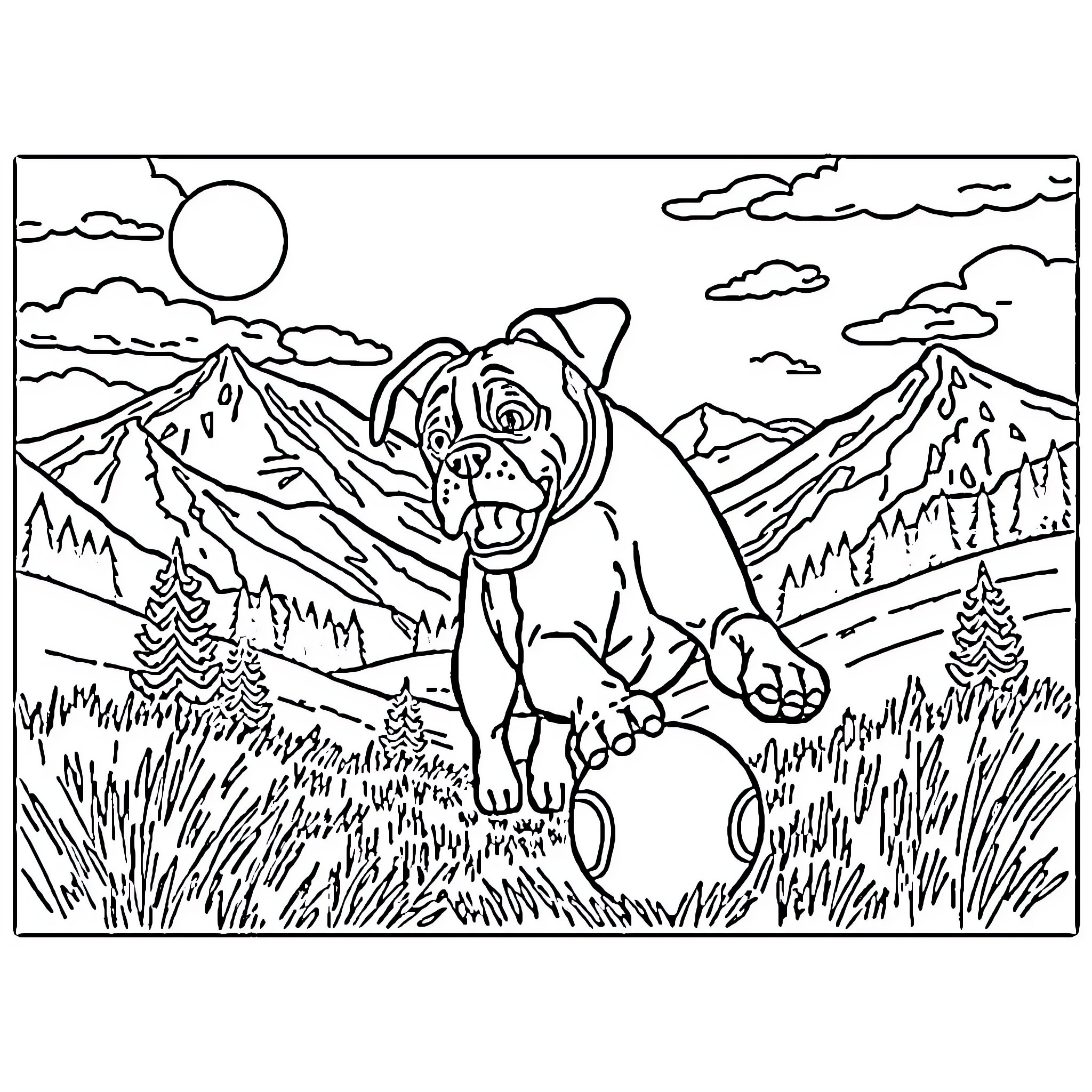 Boxer Dog Enjoying the Outdoor Adventure Coloring Page (free black-and-white line drawing printable PDF for all, from beginners to advanced learners, including children, teens, adults, and seniors)