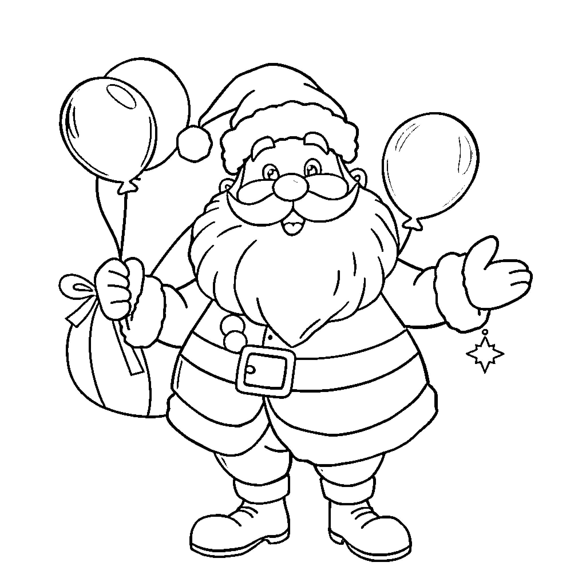 Santa Claus celebrating with balloons Coloring Page (free black-and-white line drawing printable PDF for all, from beginners to advanced learners, including children, teens, adults, and seniors)