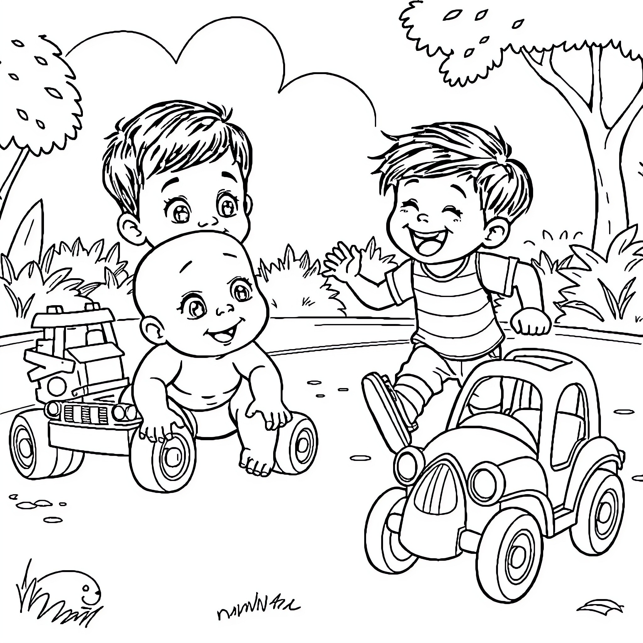 Boy plays with toy cars in the park Coloring Page (free black-and-white line drawing printable PDF for all, from beginners to advanced learners, including children, teens, adults, and seniors)