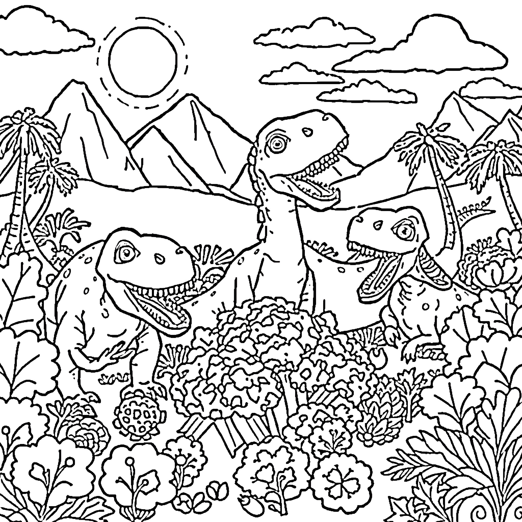 Dinosaurs frolicking in a lush, prehistoric landscape Coloring Page (free black-and-white line drawing printable PDF for all, from beginners to advanced learners, including children, teens, adults, and seniors)