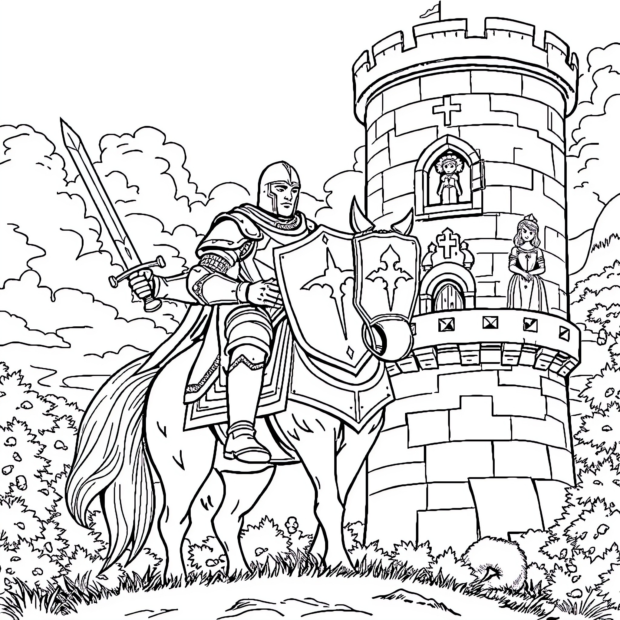 Knight Defending a Fortified Castle Coloring Page (free black-and-white line drawing printable PDF for all, from beginners to advanced learners, including children, teens, adults, and seniors)