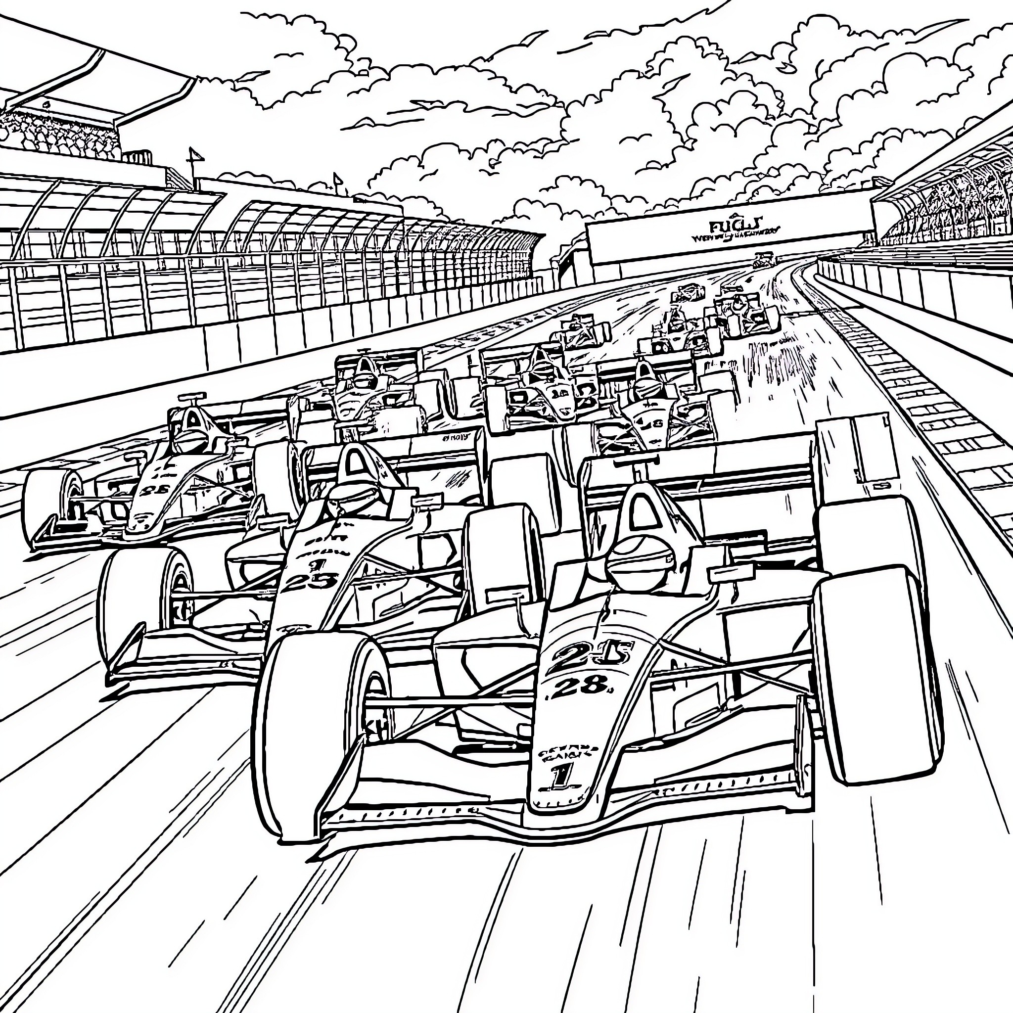 F1 Cars Racing on the Track Coloring Page (free black-and-white line drawing printable PDF for all, from beginners to advanced learners, including children, teens, adults, and seniors)