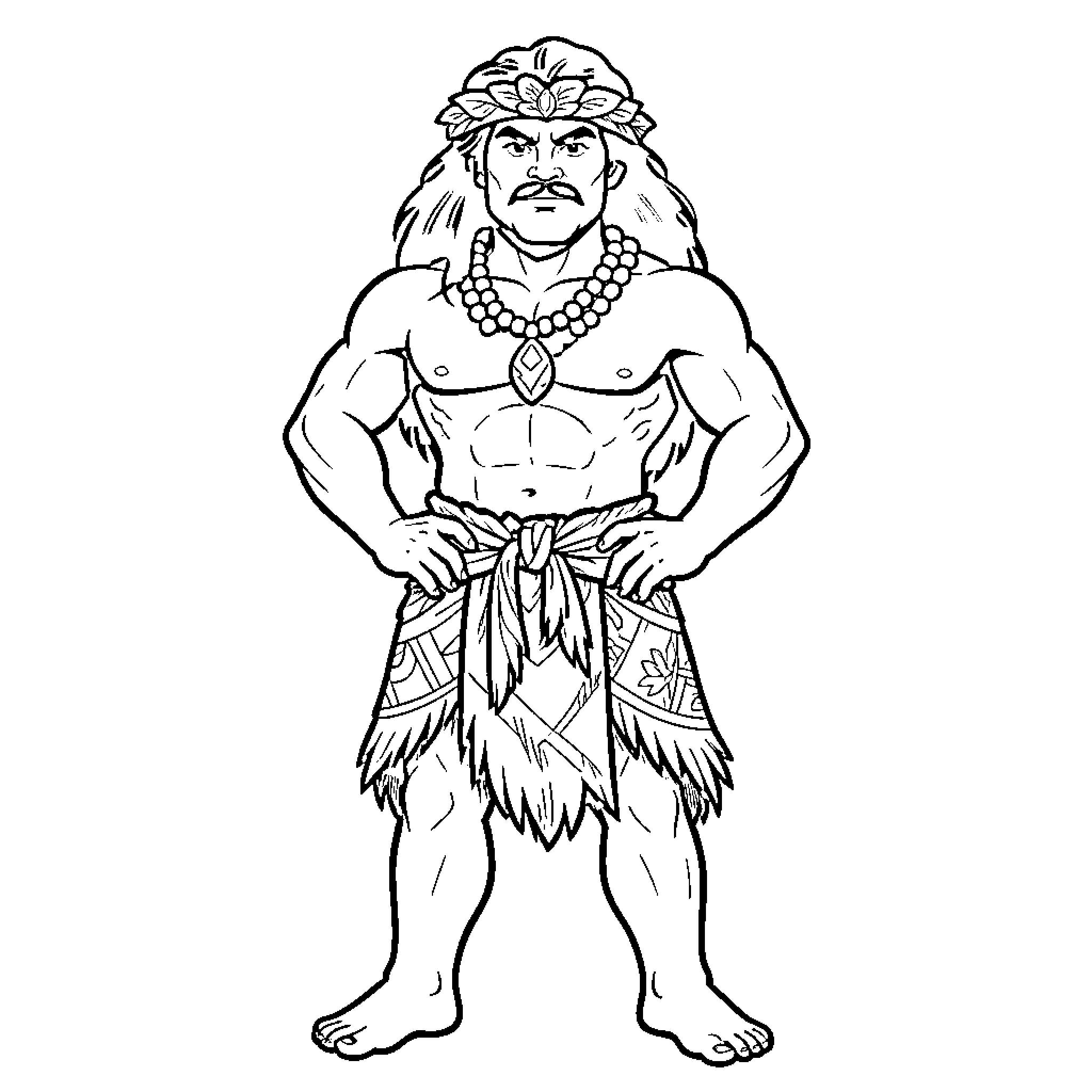 Maui standing heroically in traditional tribal attire Coloring Page (free black-and-white line drawing printable PDF for all, from beginners to advanced learners, including children, teens, adults, and seniors)