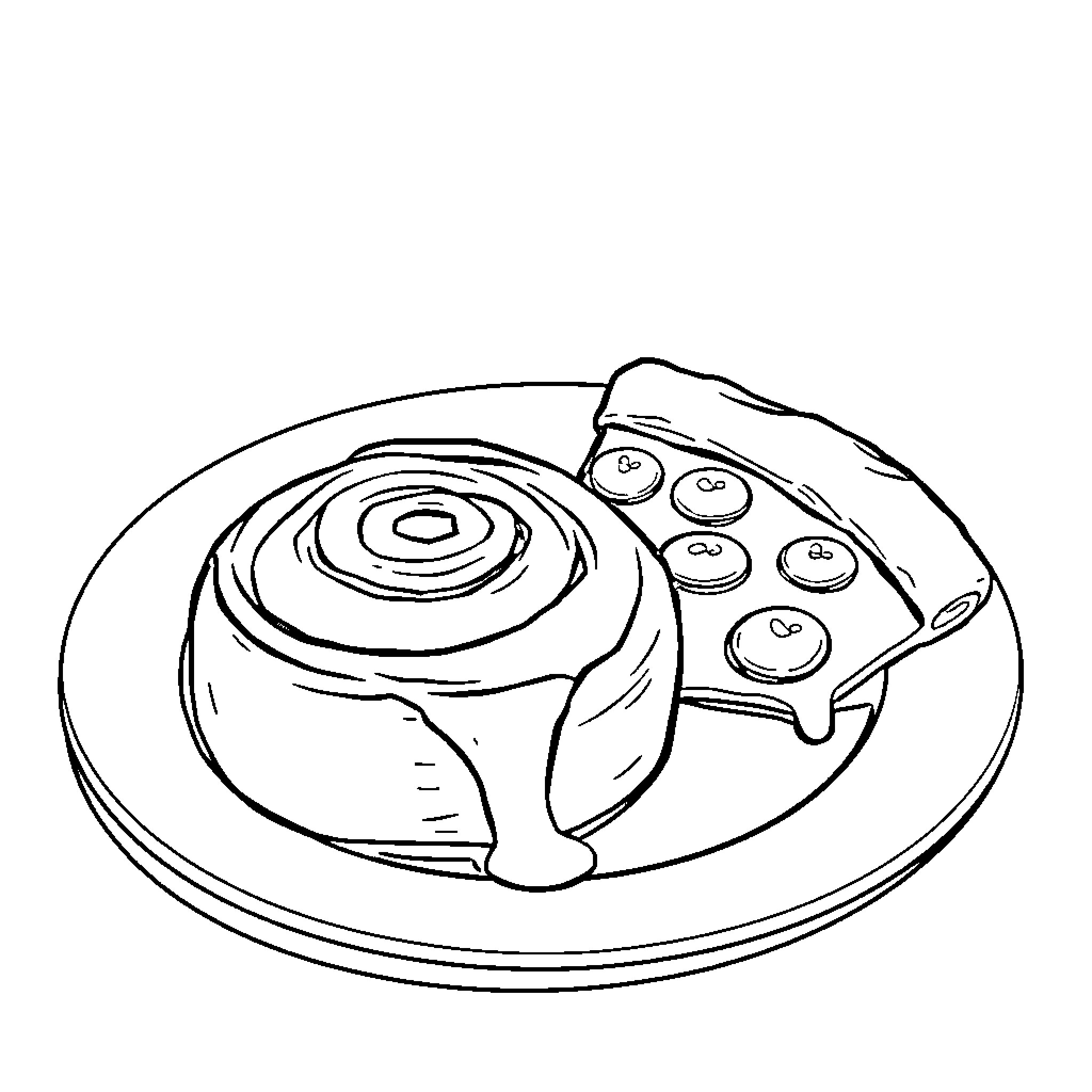 Cinnamon Roll Baking with Glazed Pastries on Plate Coloring Page (free black-and-white line drawing printable PDF for all, from beginners to advanced learners, including children, teens, adults, and seniors)