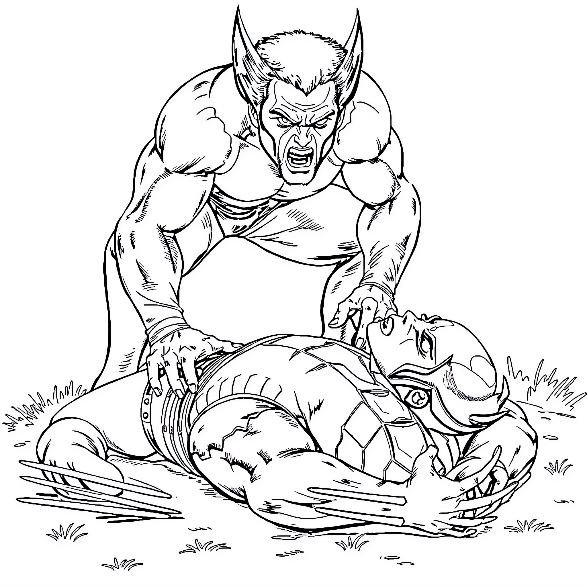 Wolverine in fierce battle with opponent Coloring Page (free black-and-white line drawing printable PDF for all, from beginners to advanced learners, including children, teens, adults, and seniors)