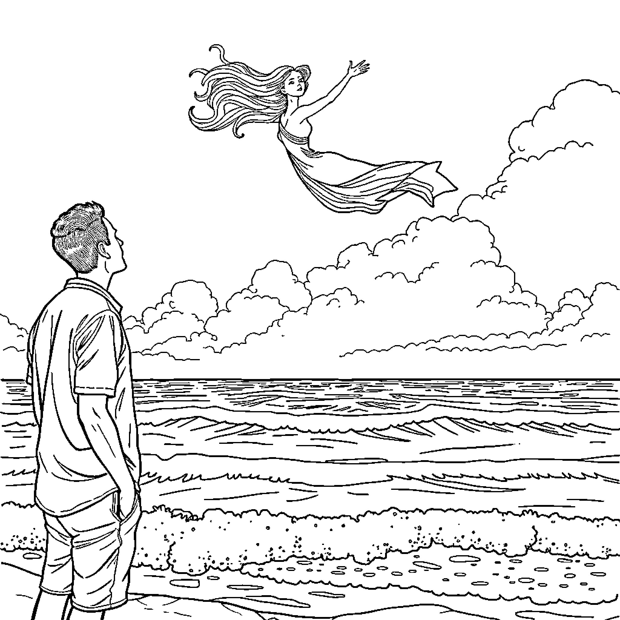 Man watches woman soar gracefully over the ocean Coloring Page (free black-and-white line drawing printable PDF for all, from beginners to advanced learners, including children, teens, adults, and seniors)