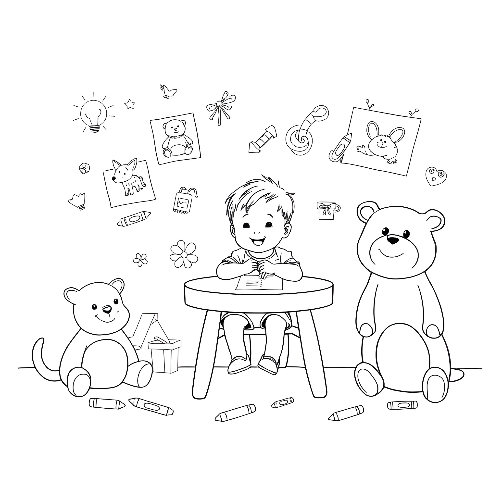 Toddler playing with toys and stuffed animals Coloring Page (free black-and-white line drawing printable PDF for all, from beginners to advanced learners, including children, teens, adults, and seniors)