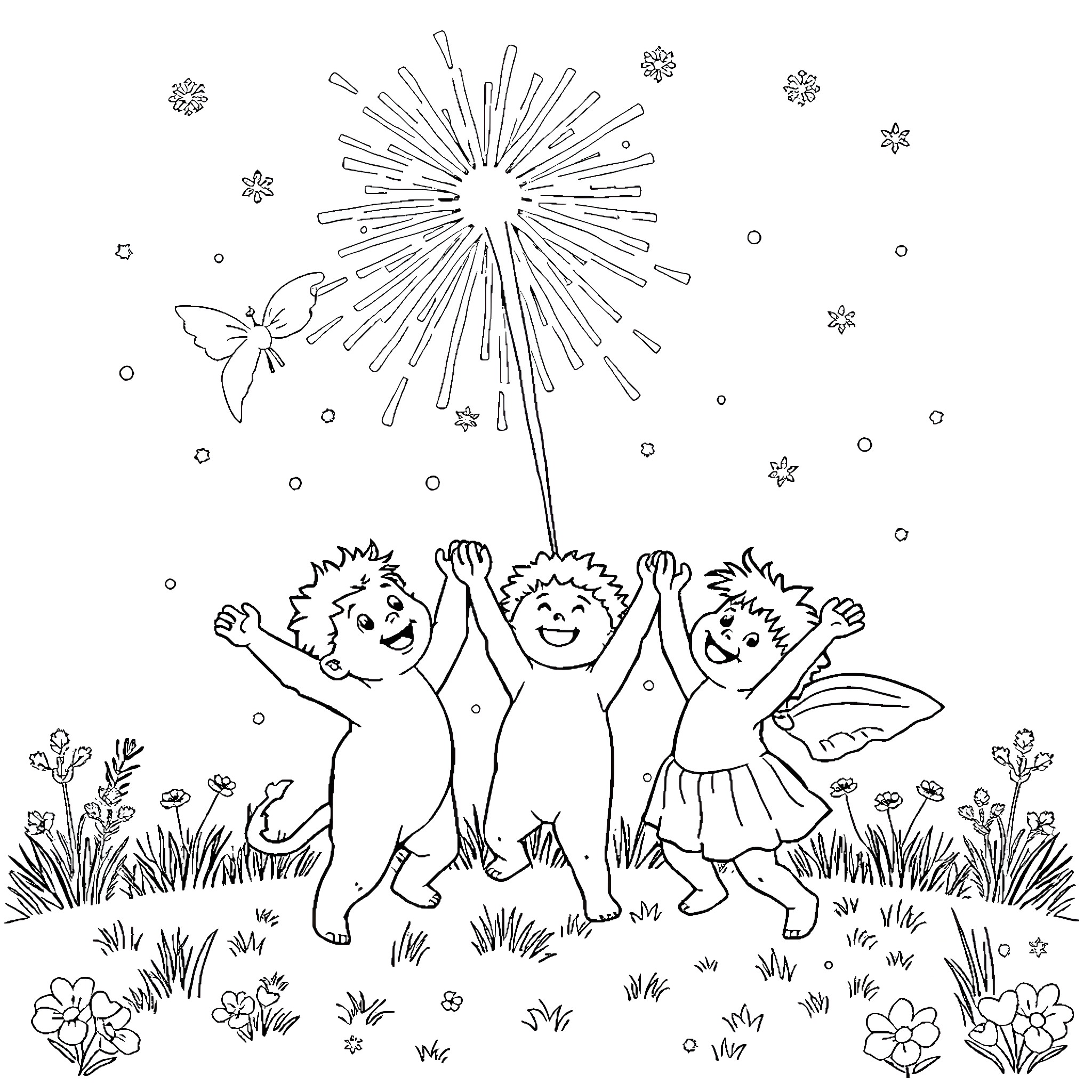 Children celebrating with fireworks on a snowy night Coloring Page (free black-and-white line drawing printable PDF for all, from beginners to advanced learners, including children, teens, adults, and seniors)