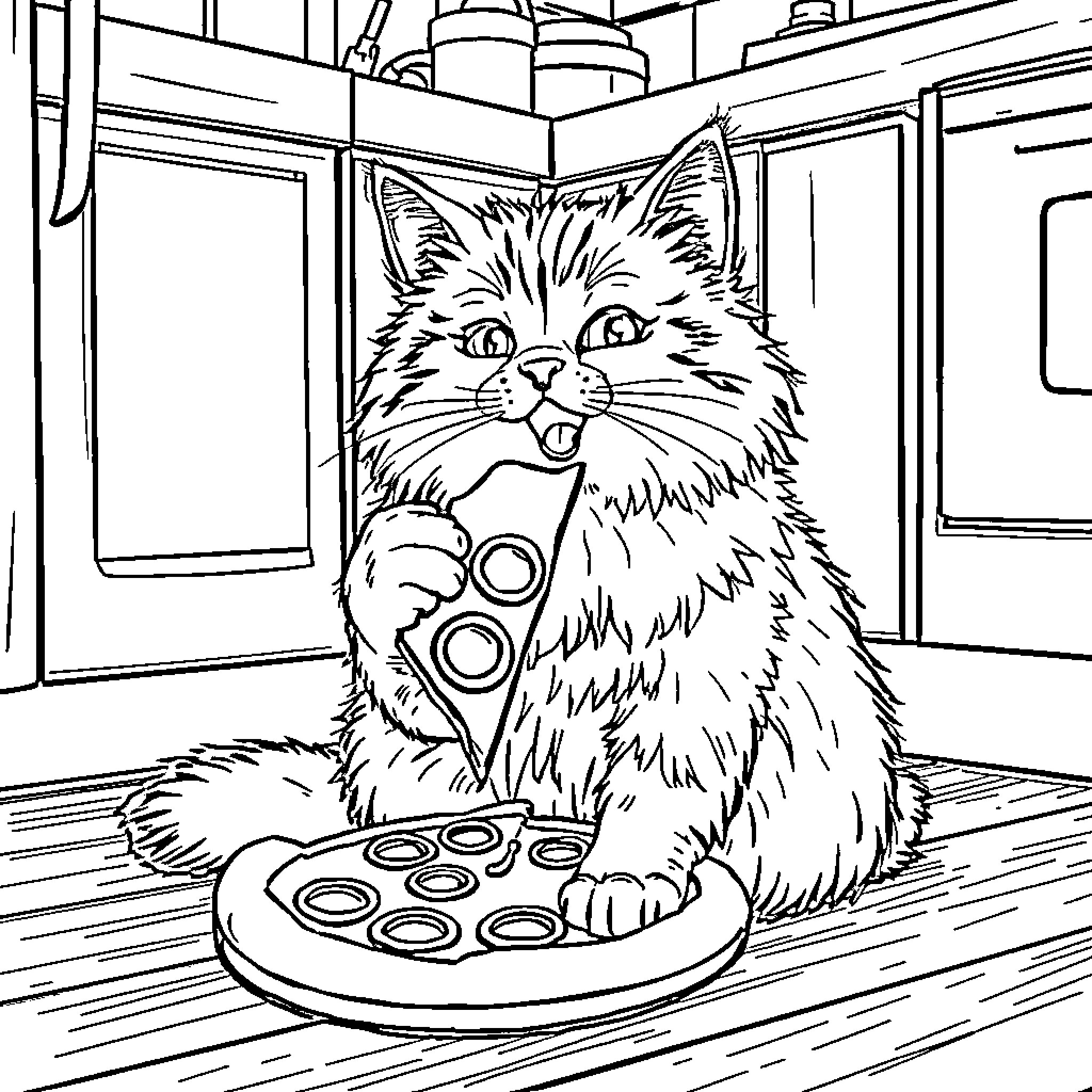 Cat playing with buttons in the home Coloring Page (free black-and-white line drawing printable PDF for all, from beginners to advanced learners, including children, teens, adults, and seniors)