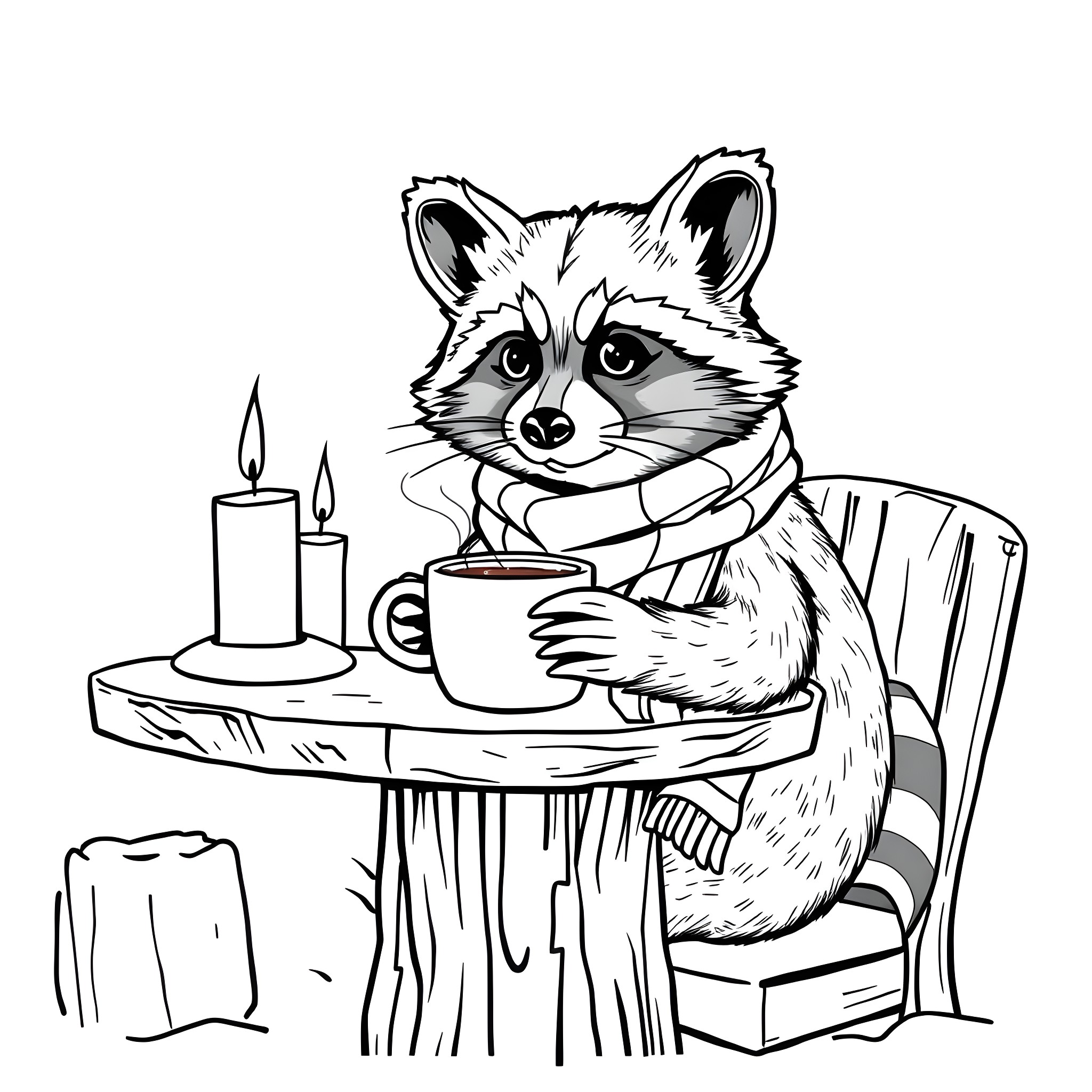 Raccoon enjoying a cozy cup of tea by candlelight Coloring Page (free black-and-white line drawing printable PDF for all, from beginners to advanced learners, including children, teens, adults, and seniors)