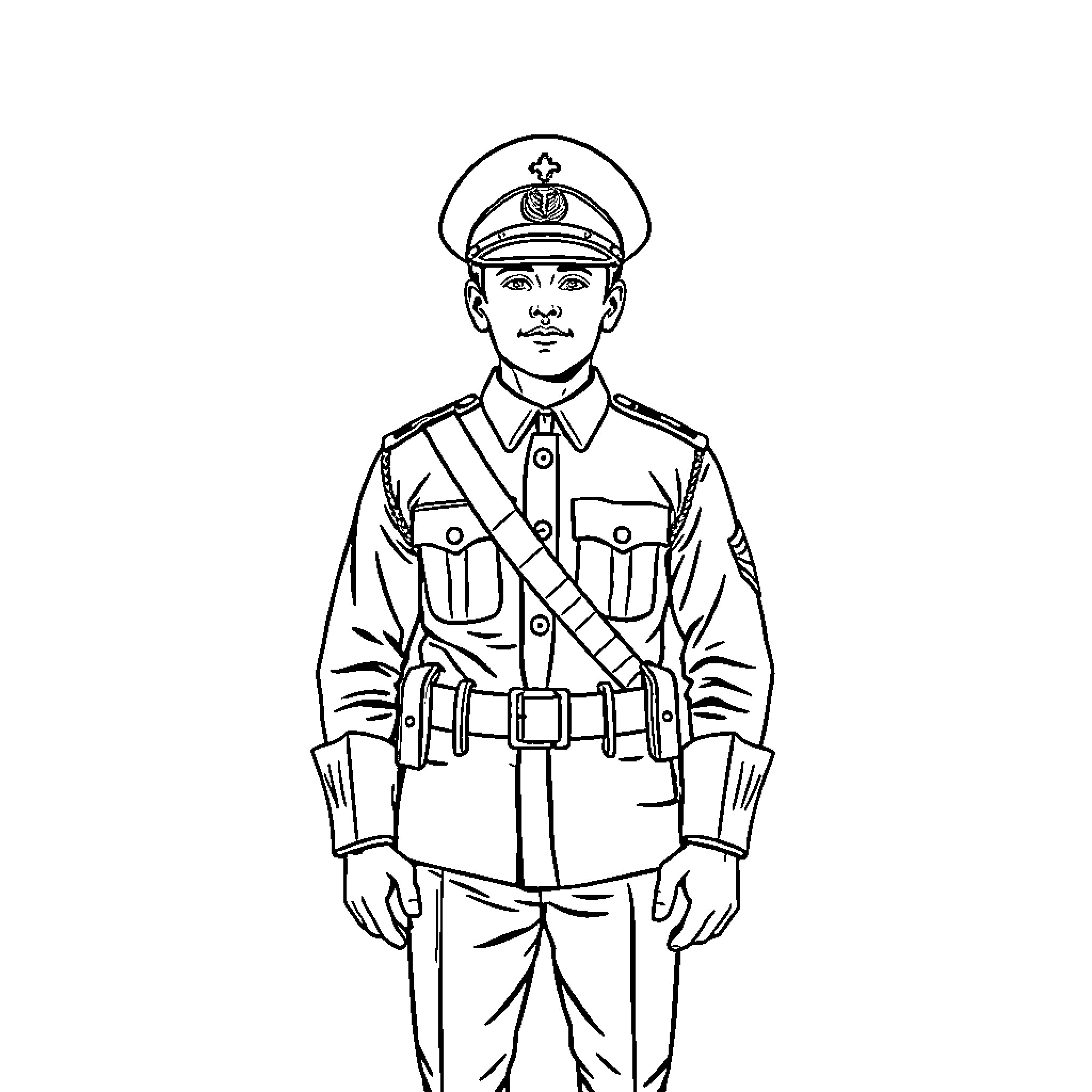 Soldier in military uniform with formal expression Coloring Page (free black-and-white line drawing printable PDF for all, from beginners to advanced learners, including children, teens, adults, and seniors)