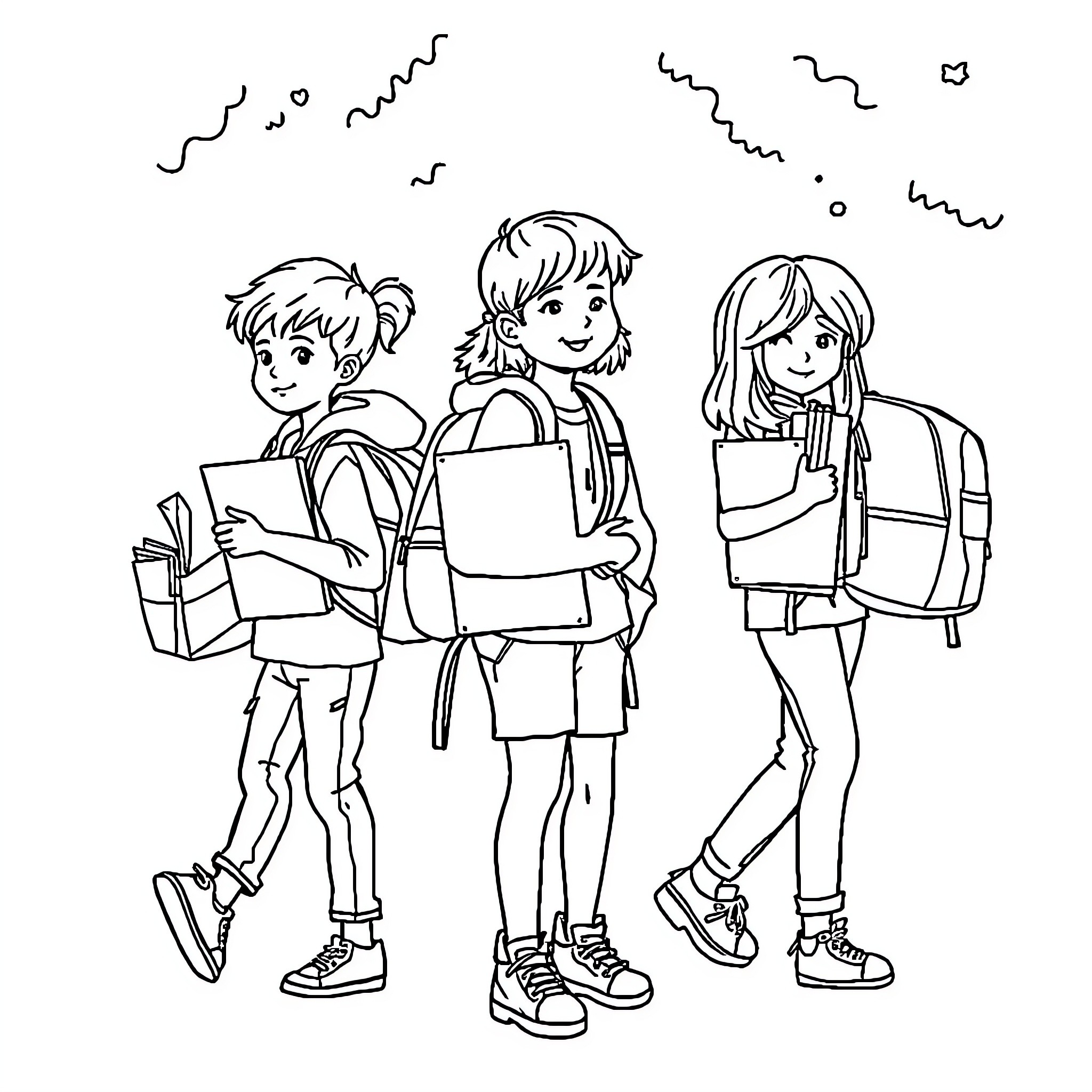 School Children Carrying Backpacks and Books Coloring Page (free black-and-white line drawing printable PDF for all, from beginners to advanced learners, including children, teens, adults, and seniors)