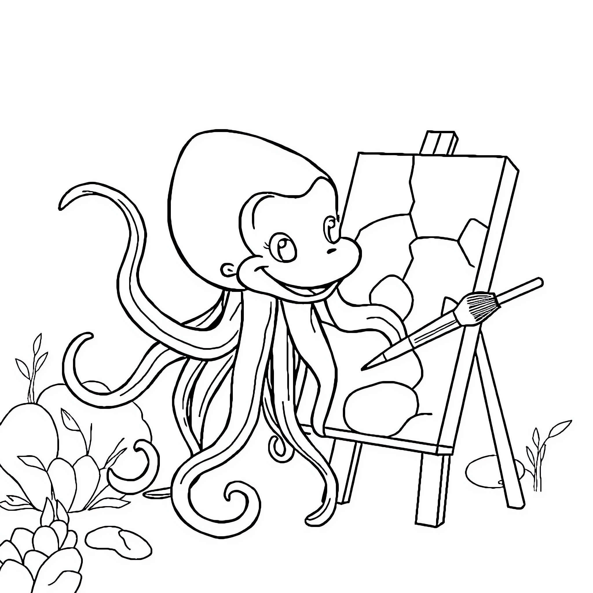 Jellyfish artist painting a nature scene Coloring Page (free black-and-white line drawing printable PDF for all, from beginners to advanced learners, including children, teens, adults, and seniors)