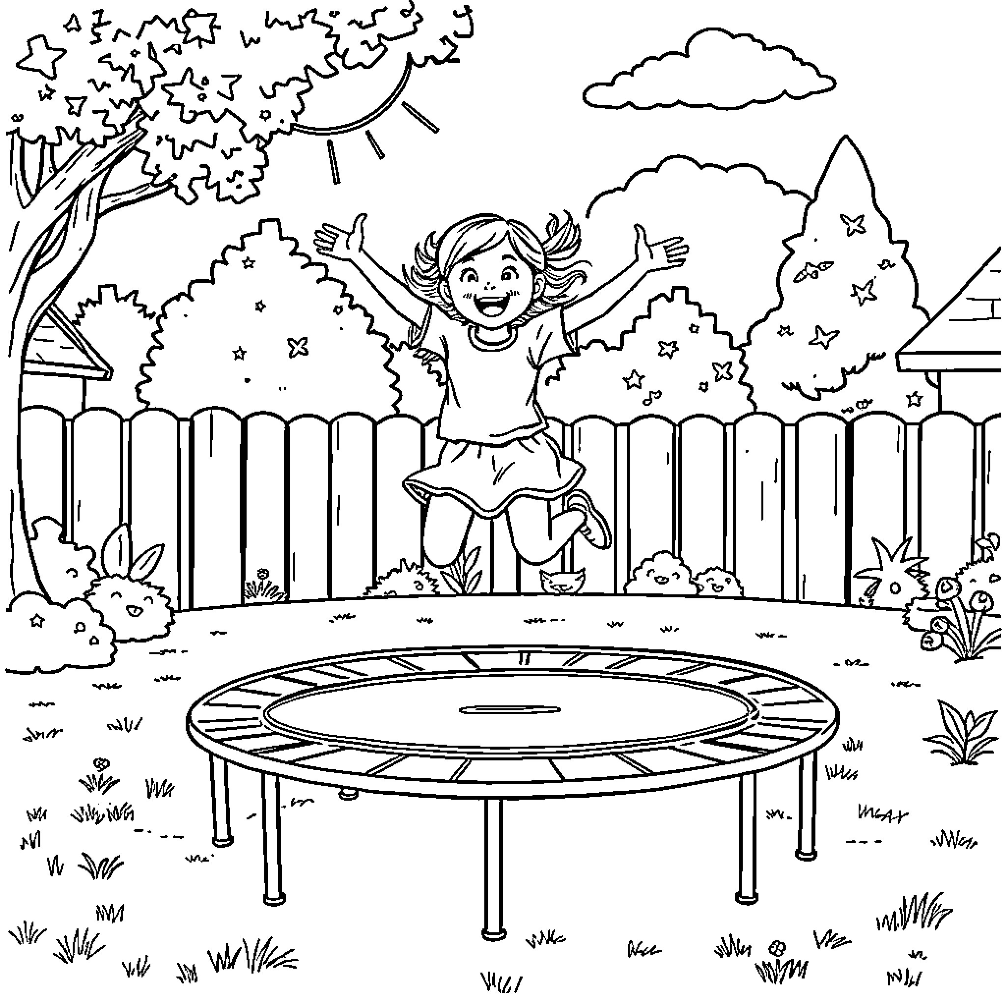 Girl joyfully jumping on trampoline in backyard Coloring Page (free black-and-white line drawing printable PDF for all, from beginners to advanced learners, including children, teens, adults, and seniors)