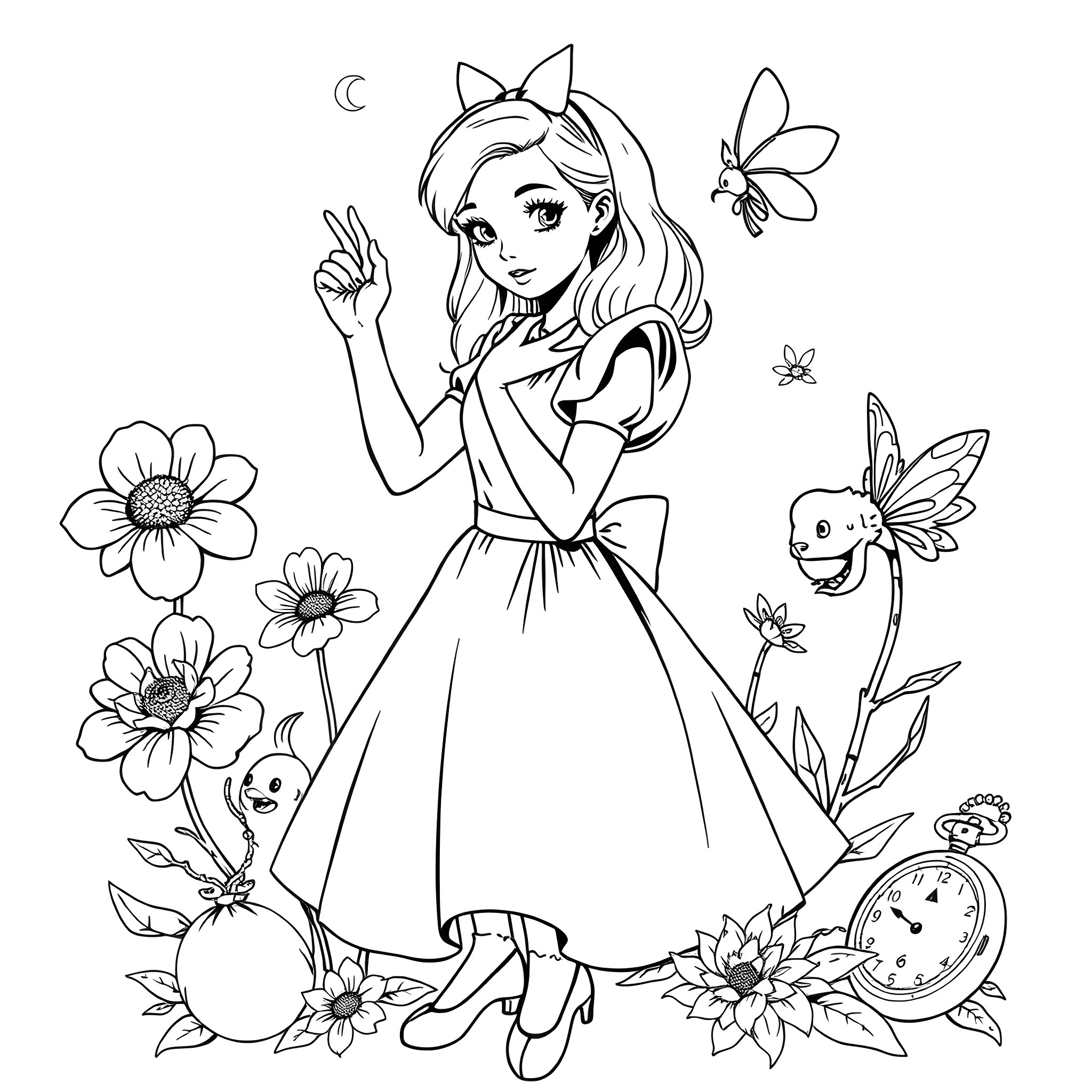 Alice's Whimsical Adventure in the Enchanted Garden Coloring Page (free black-and-white line drawing printable PDF for all, from beginners to advanced learners, including children, teens, adults, and seniors)