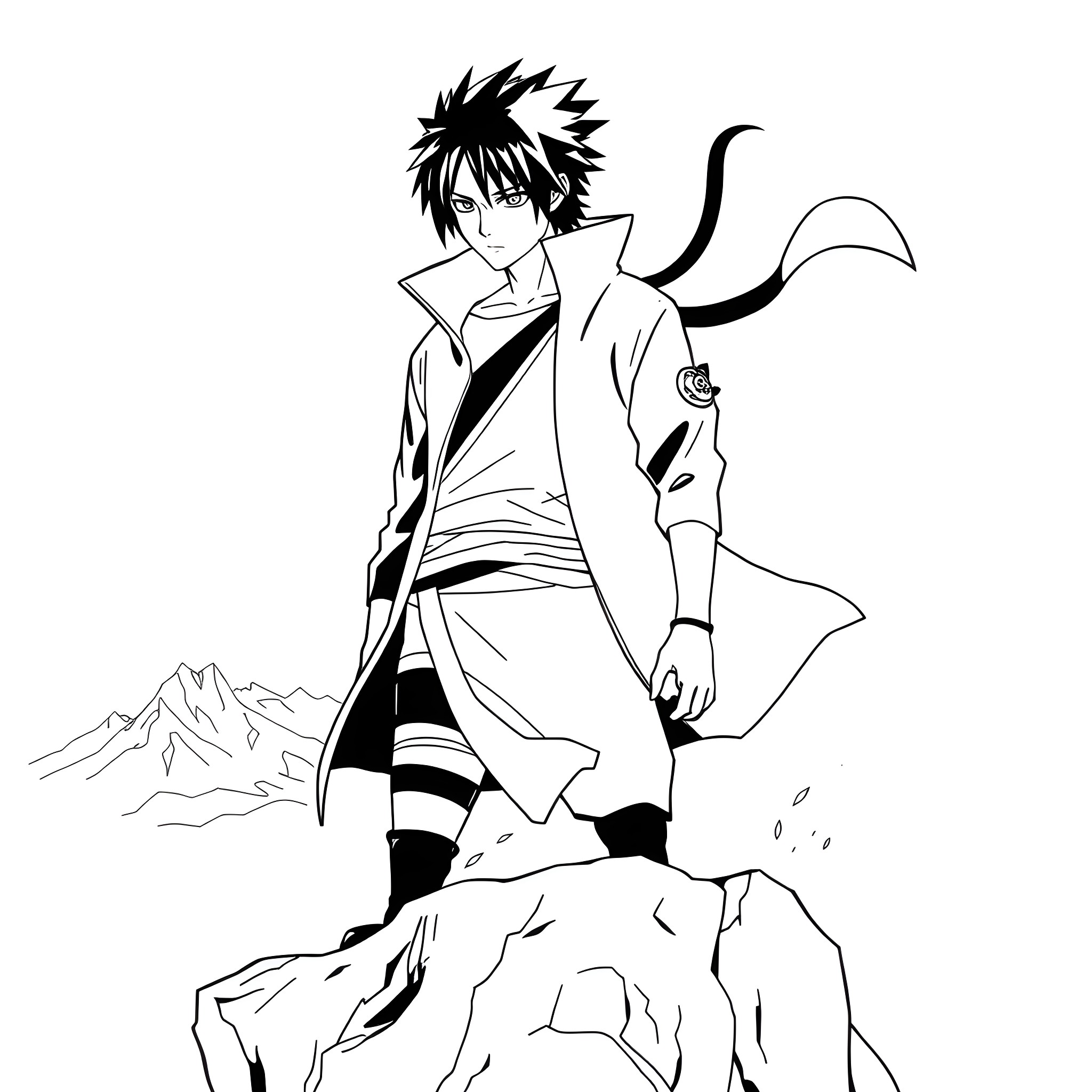 Sasuke Uchiha standing on a rocky mountain Coloring Page (free black-and-white line drawing printable PDF for all, from beginners to advanced learners, including children, teens, adults, and seniors)