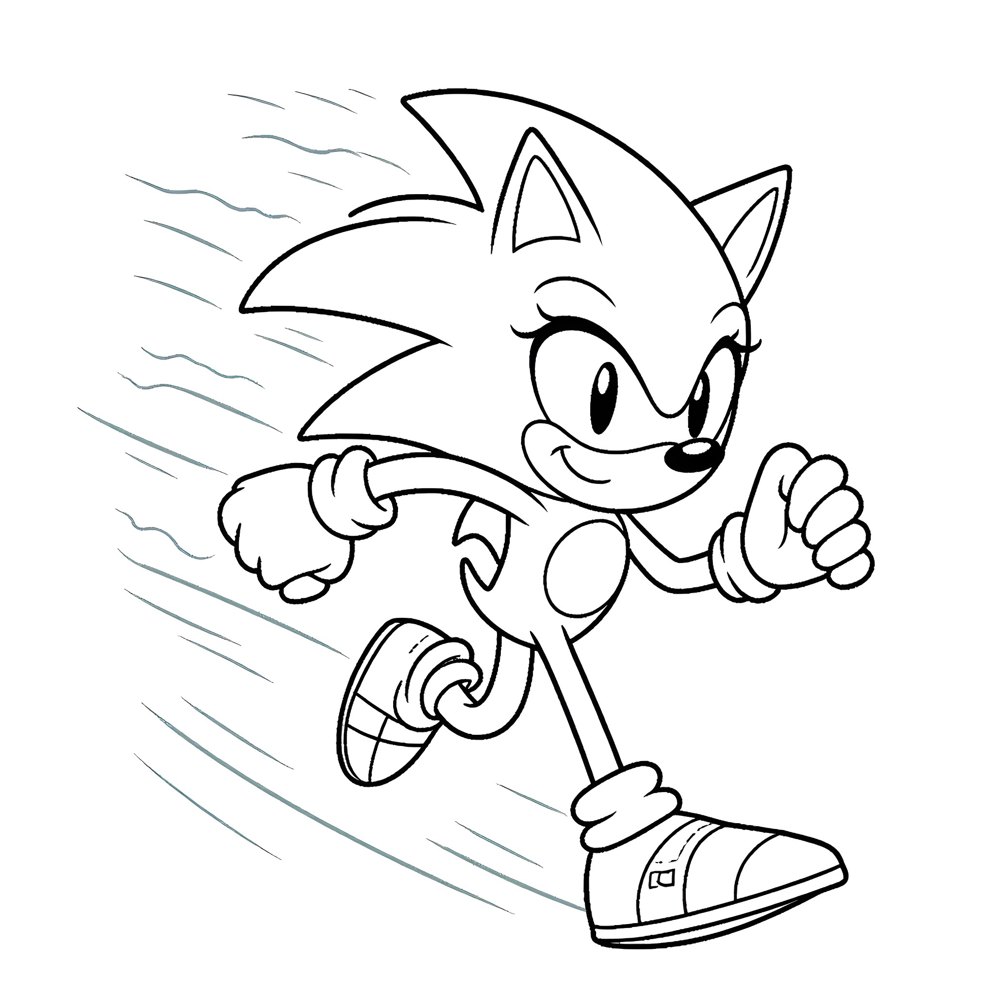 Sonic dashing happily through the scene Coloring Page (free black-and-white line drawing printable PDF for all, from beginners to advanced learners, including children, teens, adults, and seniors)