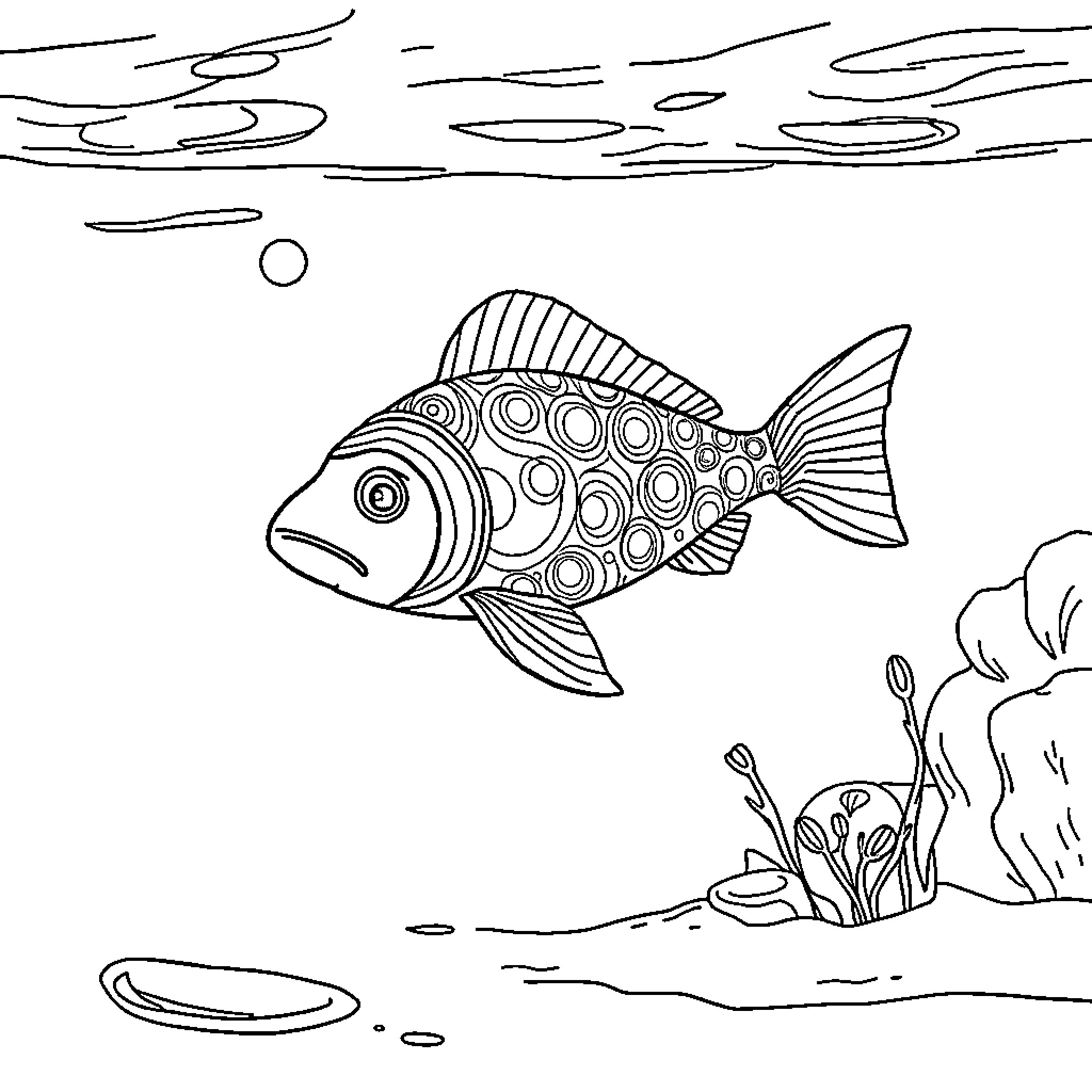 Owl-shaped fish swimming in the underwater scenery Coloring Page (free black-and-white line drawing printable PDF for all, from beginners to advanced learners, including children, teens, adults, and seniors)