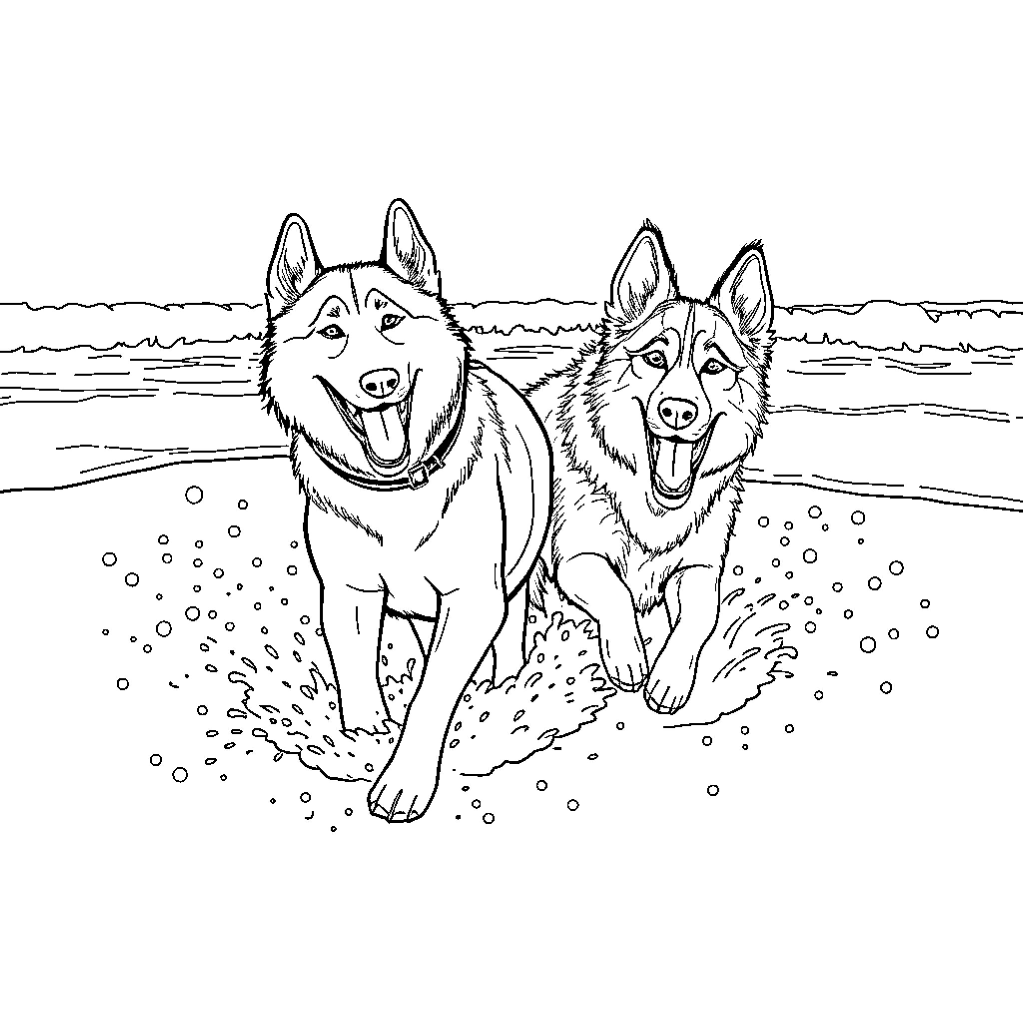 Dogs running happily on the beach Coloring Page (free black-and-white line drawing printable PDF for all, from beginners to advanced learners, including children, teens, adults, and seniors)