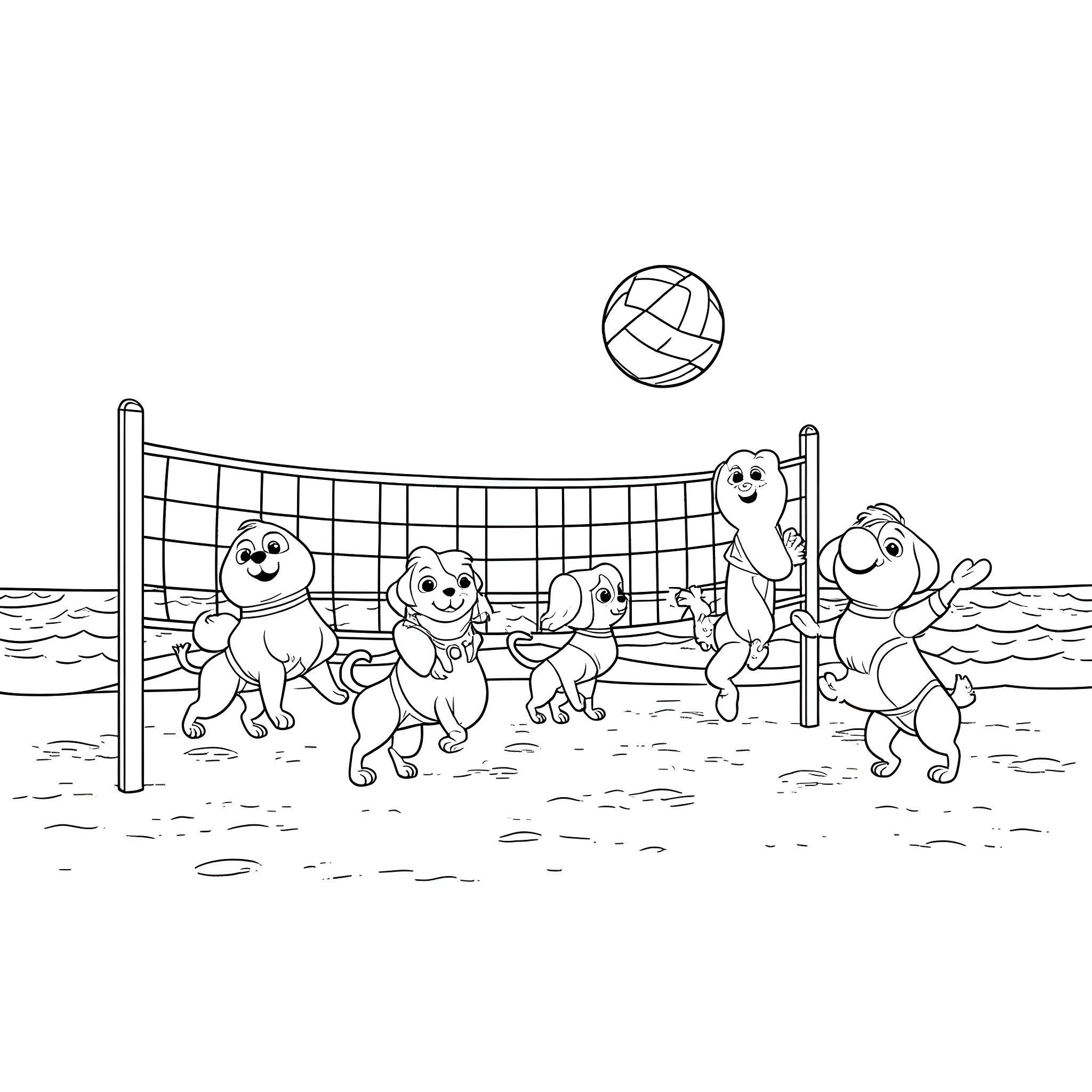 Paw Patrol characters playing volleyball on the beach Coloring Page (free black-and-white line drawing printable PDF for all, from beginners to advanced learners, including children, teens, adults, and seniors)