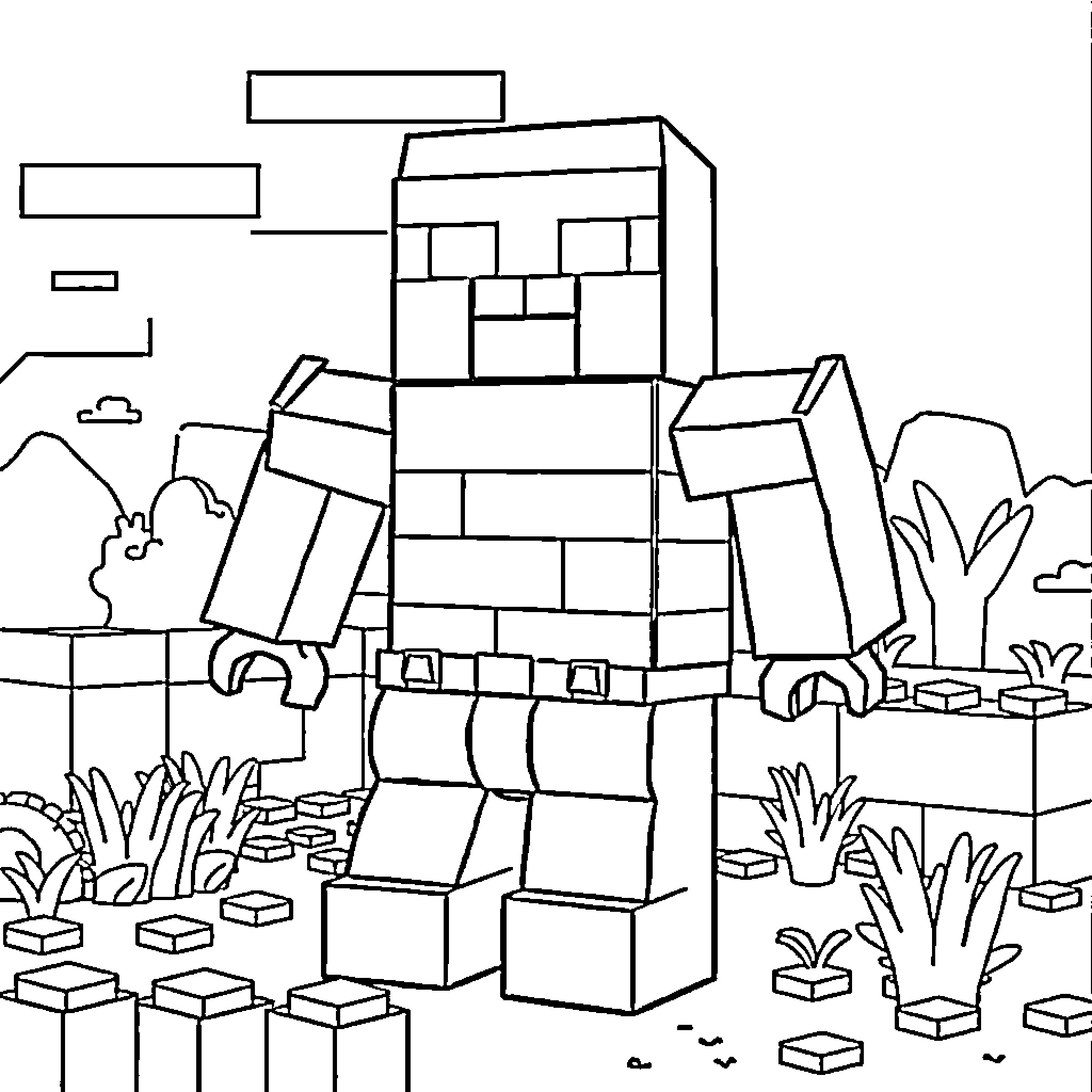 Lego character exploring blocky landscape Coloring Page (free black-and-white line drawing printable PDF for all, from beginners to advanced learners, including children, teens, adults, and seniors)