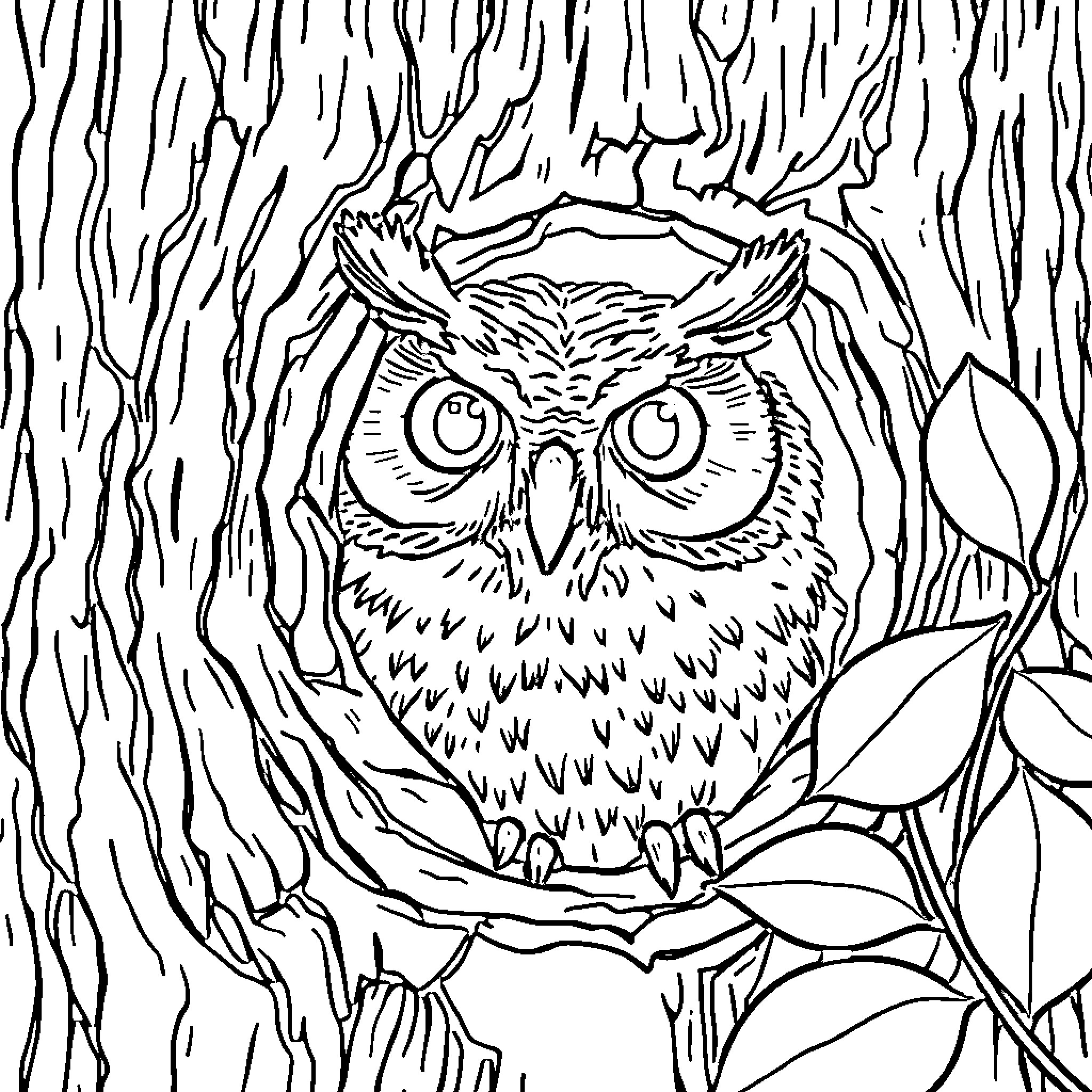 Owl perched on tree branch gazing intently Coloring Page (free black-and-white line drawing printable PDF for all, from beginners to advanced learners, including children, teens, adults, and seniors)