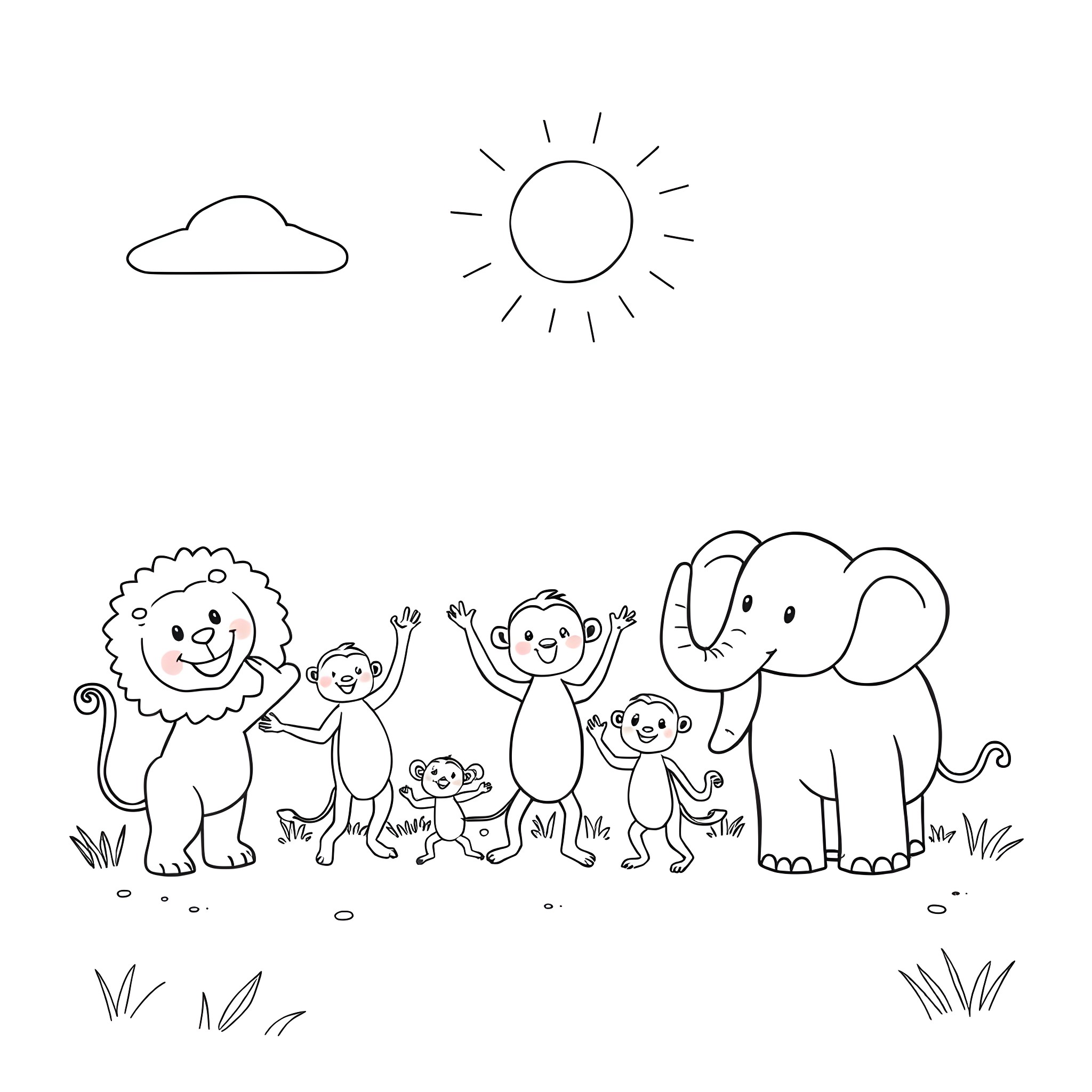 Zoo animals playing happily in the sun Coloring Page (free black-and-white line drawing printable PDF for all, from beginners to advanced learners, including children, teens, adults, and seniors)