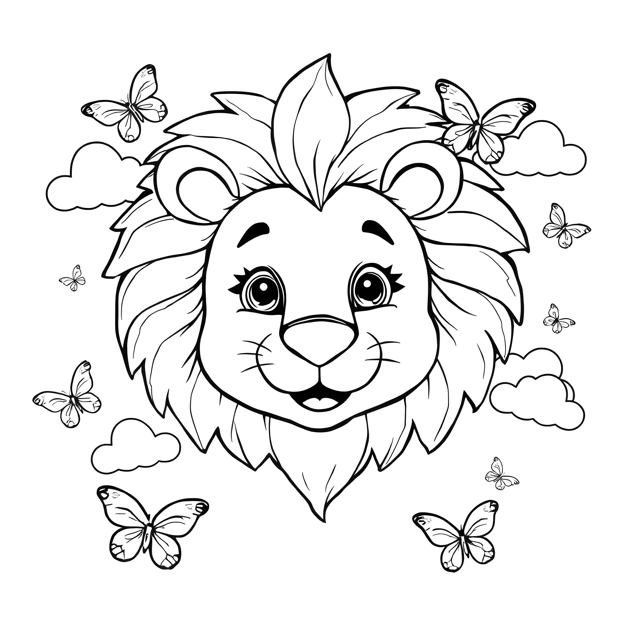 Lion with butterflies and clouds Coloring Page (free black-and-white line drawing printable PDF for all, from beginners to advanced learners, including children, teens, adults, and seniors)