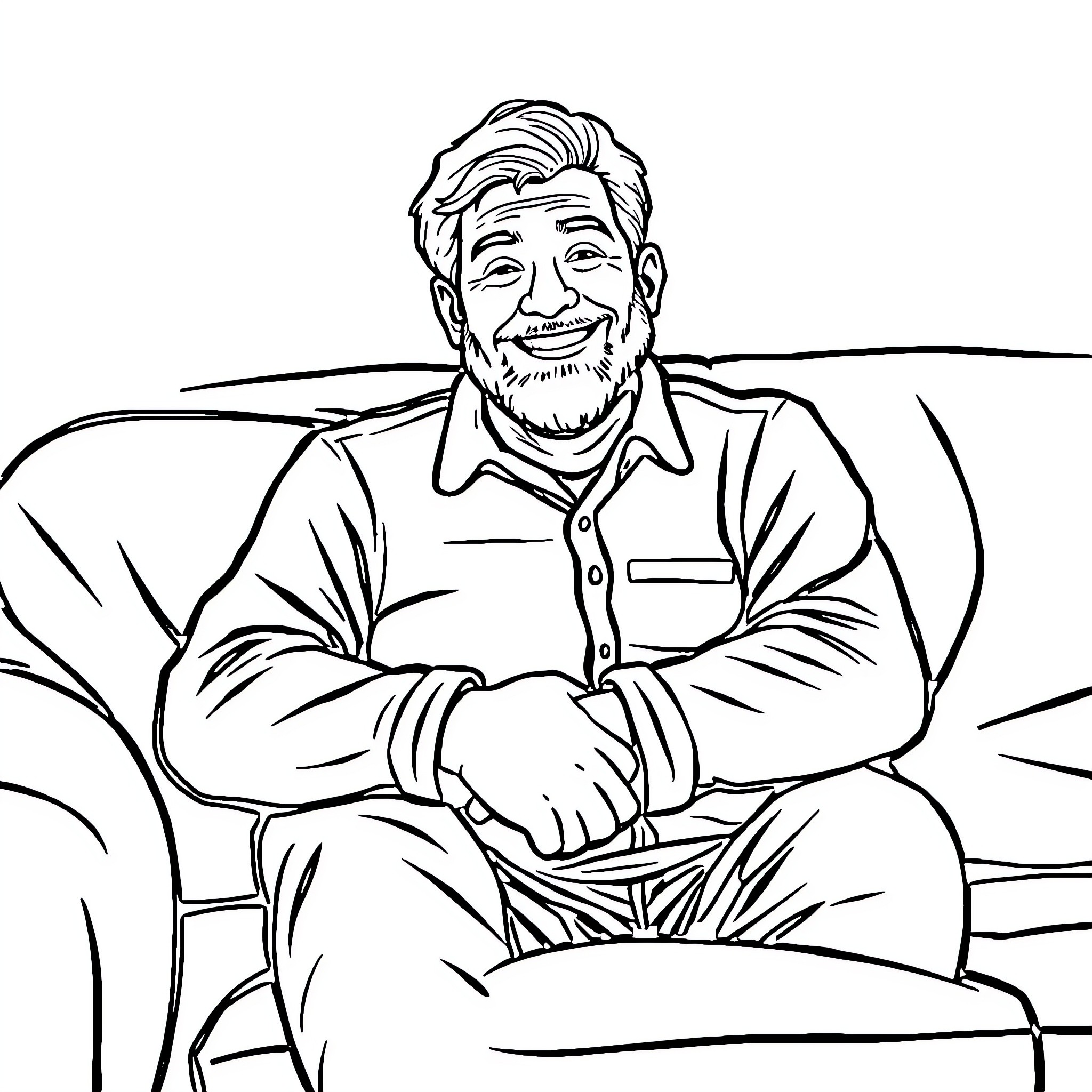 Dad relaxing in armchair with pleasant expression Coloring Page (free black-and-white line drawing printable PDF for all, from beginners to advanced learners, including children, teens, adults, and seniors)