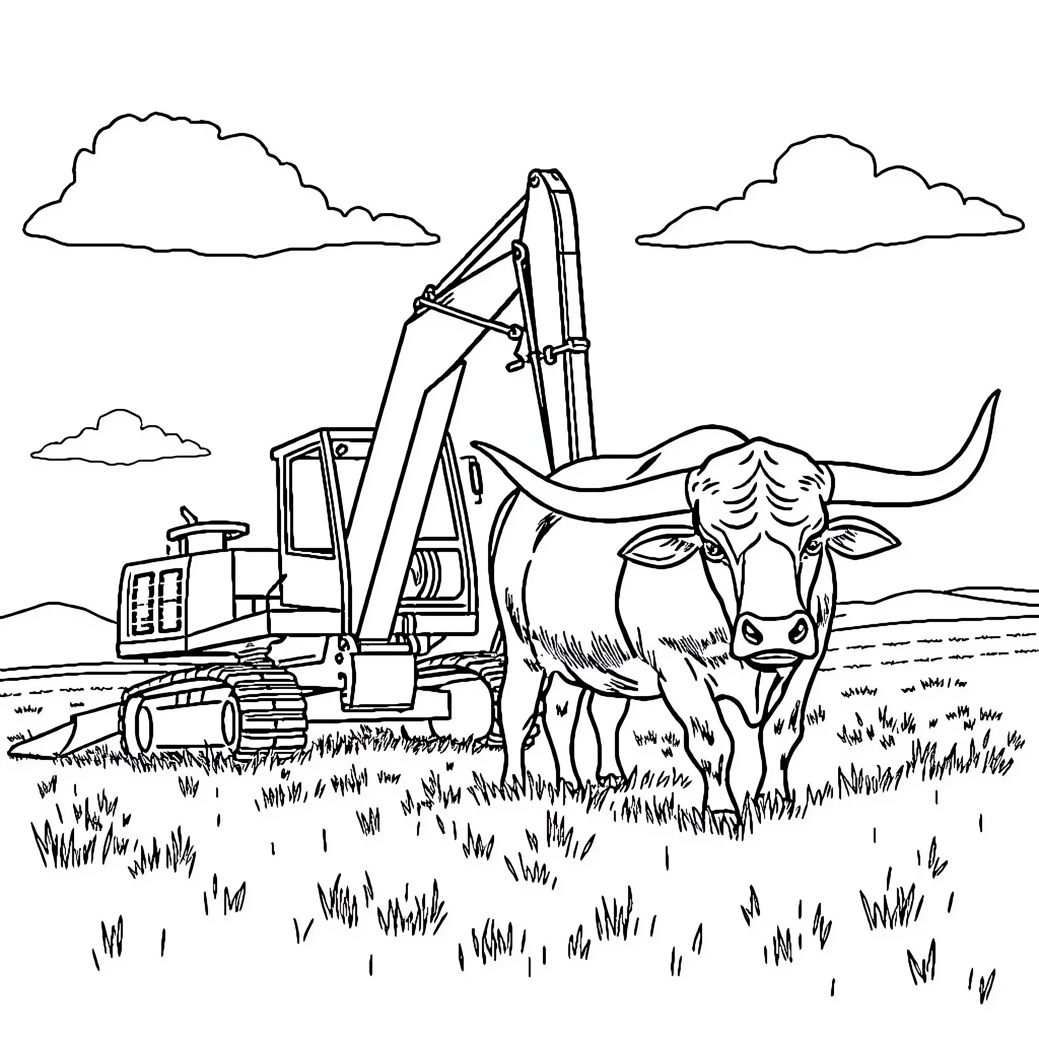 Excavator at work alongside a grazing bull in the field Coloring Page (free black-and-white line drawing printable PDF for all, from beginners to advanced learners, including children, teens, adults, and seniors)