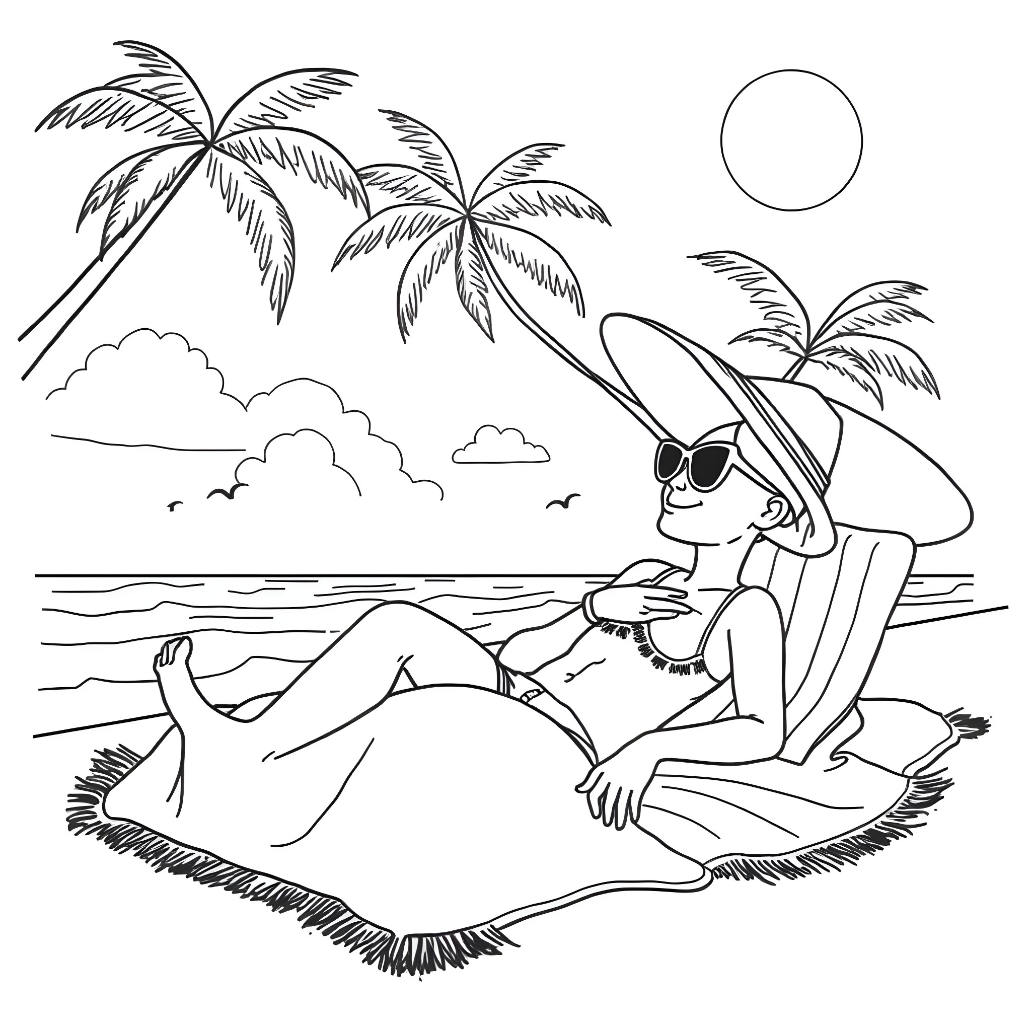 Capitaba Relaxing on the Beach with Palm Trees Coloring Page (free black-and-white line drawing printable PDF for all, from beginners to advanced learners, including children, teens, adults, and seniors)