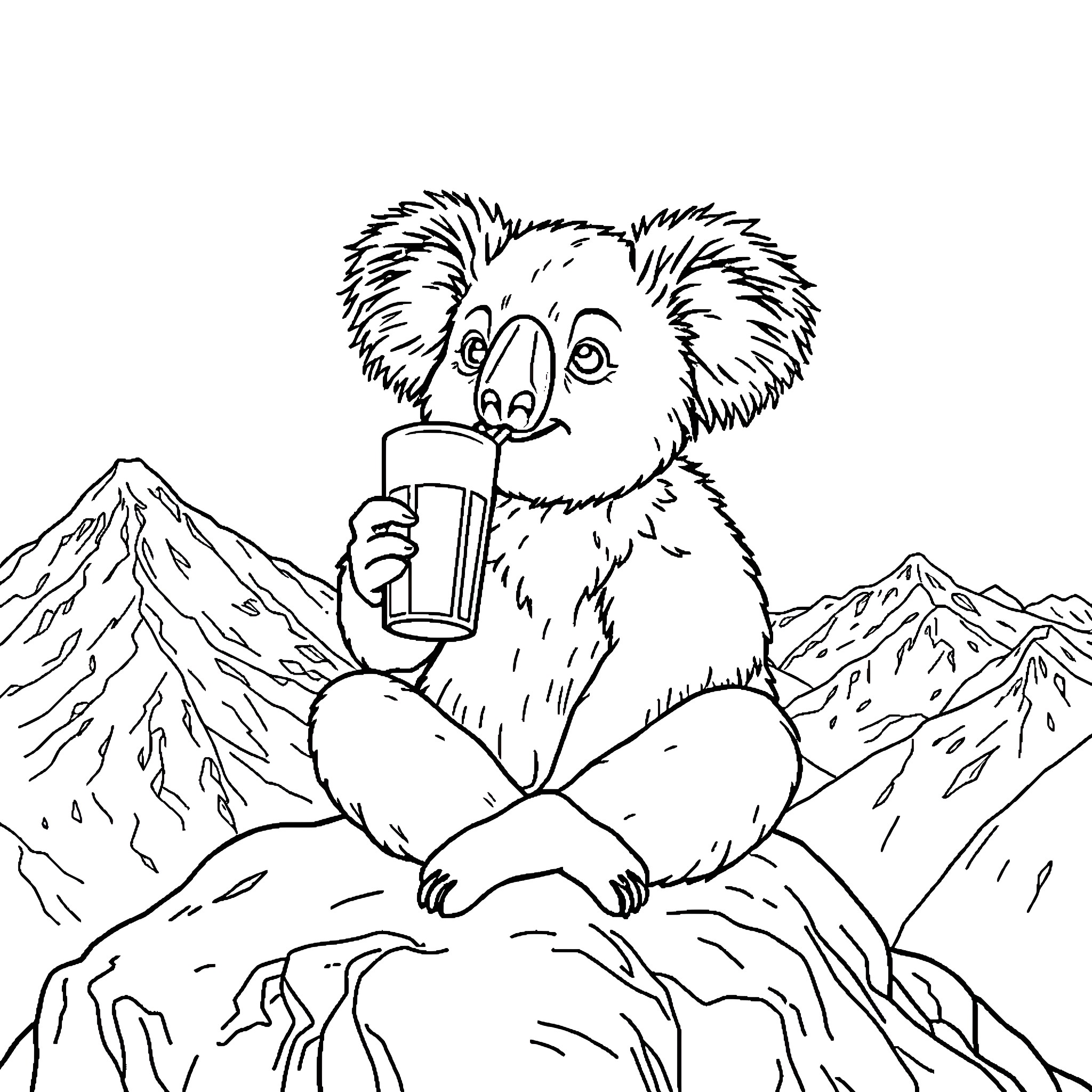 Koala enjoying a refreshing drink on a snowy mountain Coloring Page (free black-and-white line drawing printable PDF for all, from beginners to advanced learners, including children, teens, adults, and seniors)