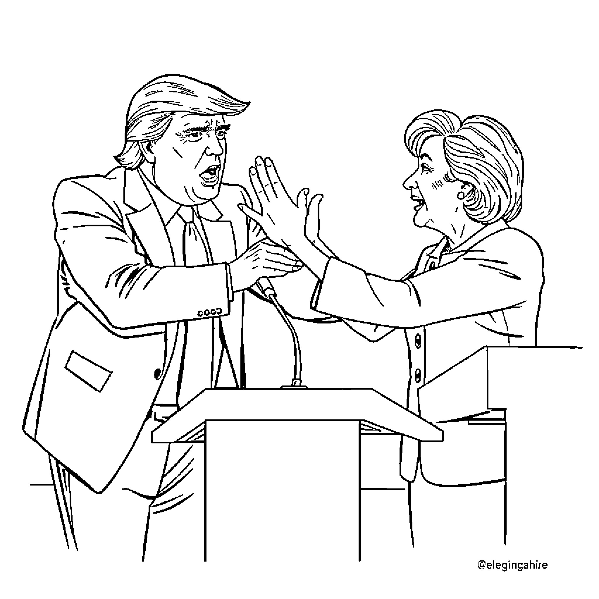 Donald Trump and Hillary Clinton in heated political debate Coloring Page (free black-and-white line drawing printable PDF for all, from beginners to advanced learners, including children, teens, adults, and seniors)