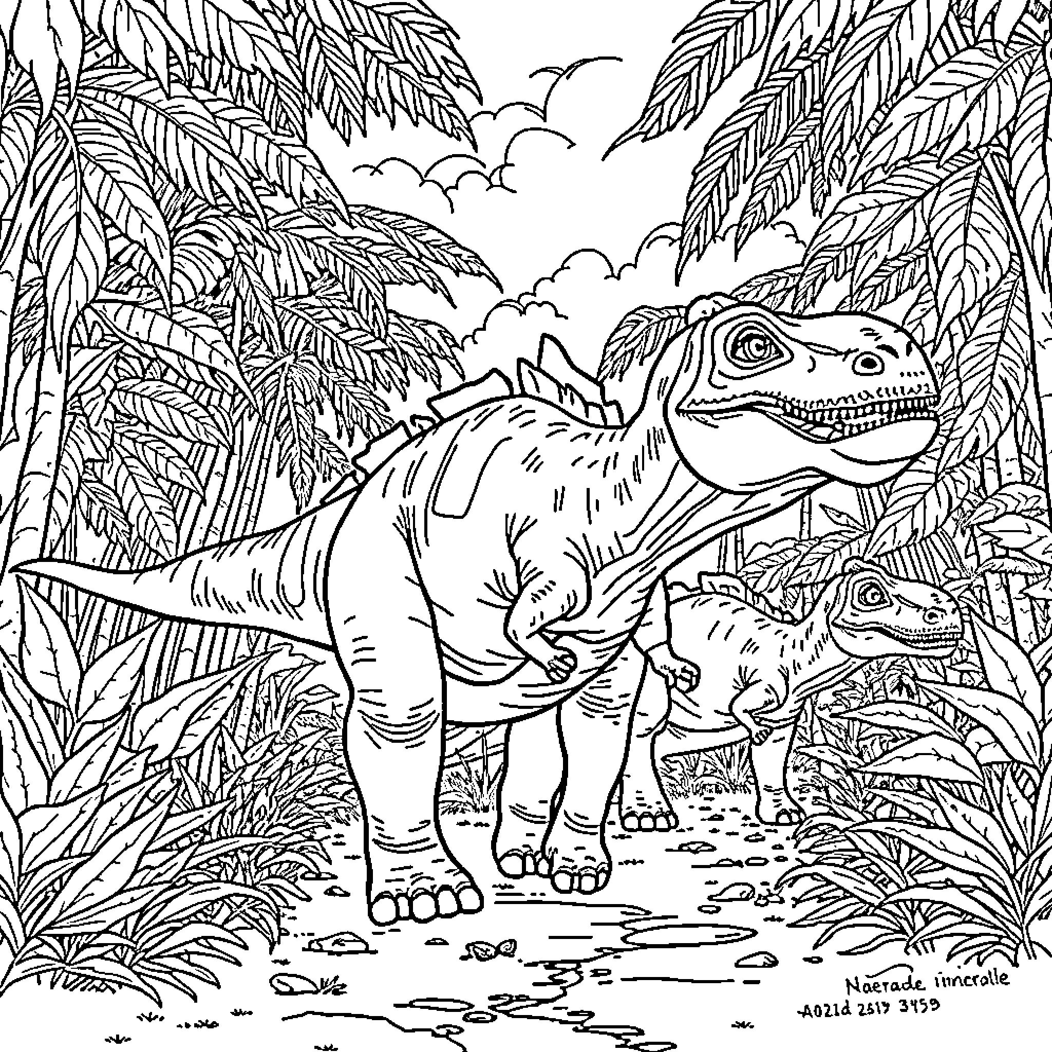 Dinosaurs exploring the lush jungle landscape Coloring Page (free black-and-white line drawing printable PDF for all, from beginners to advanced learners, including children, teens, adults, and seniors)