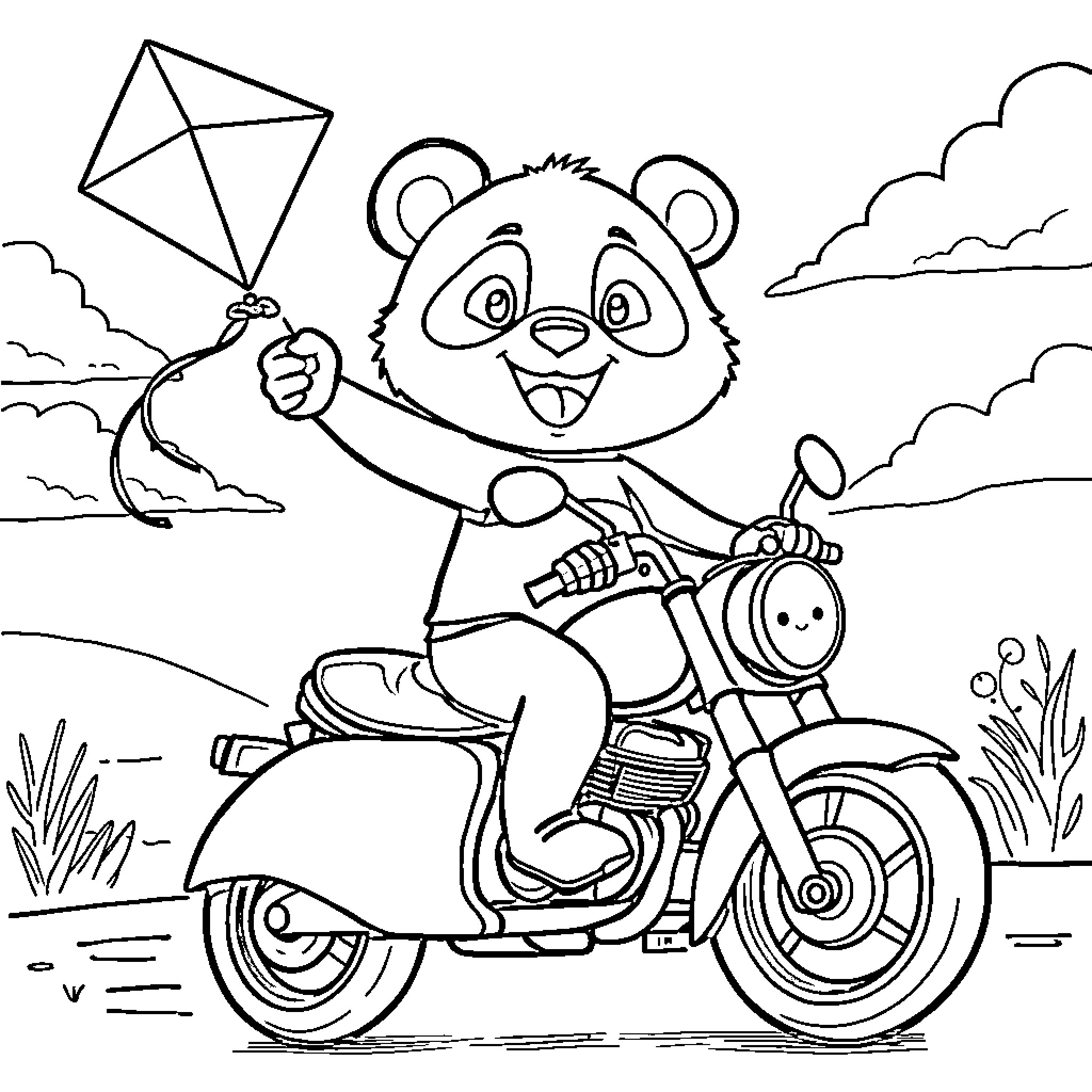 Panda riding motorcycle while flying kite Coloring Page (free black-and-white line drawing printable PDF for all, from beginners to advanced learners, including children, teens, adults, and seniors)
