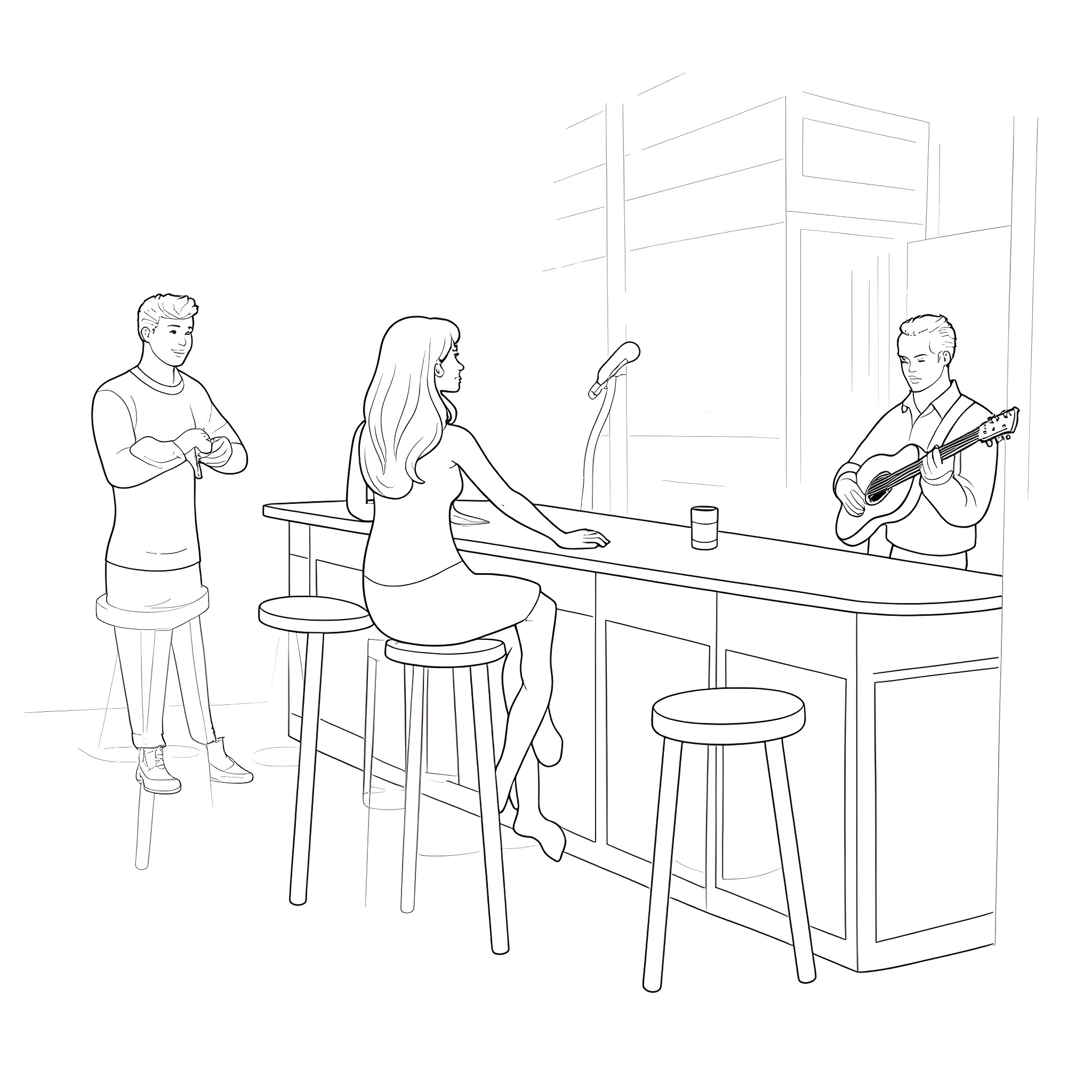 Woman enjoying live music performance at cafe Coloring Page (free black-and-white line drawing printable PDF for all, from beginners to advanced learners, including children, teens, adults, and seniors)