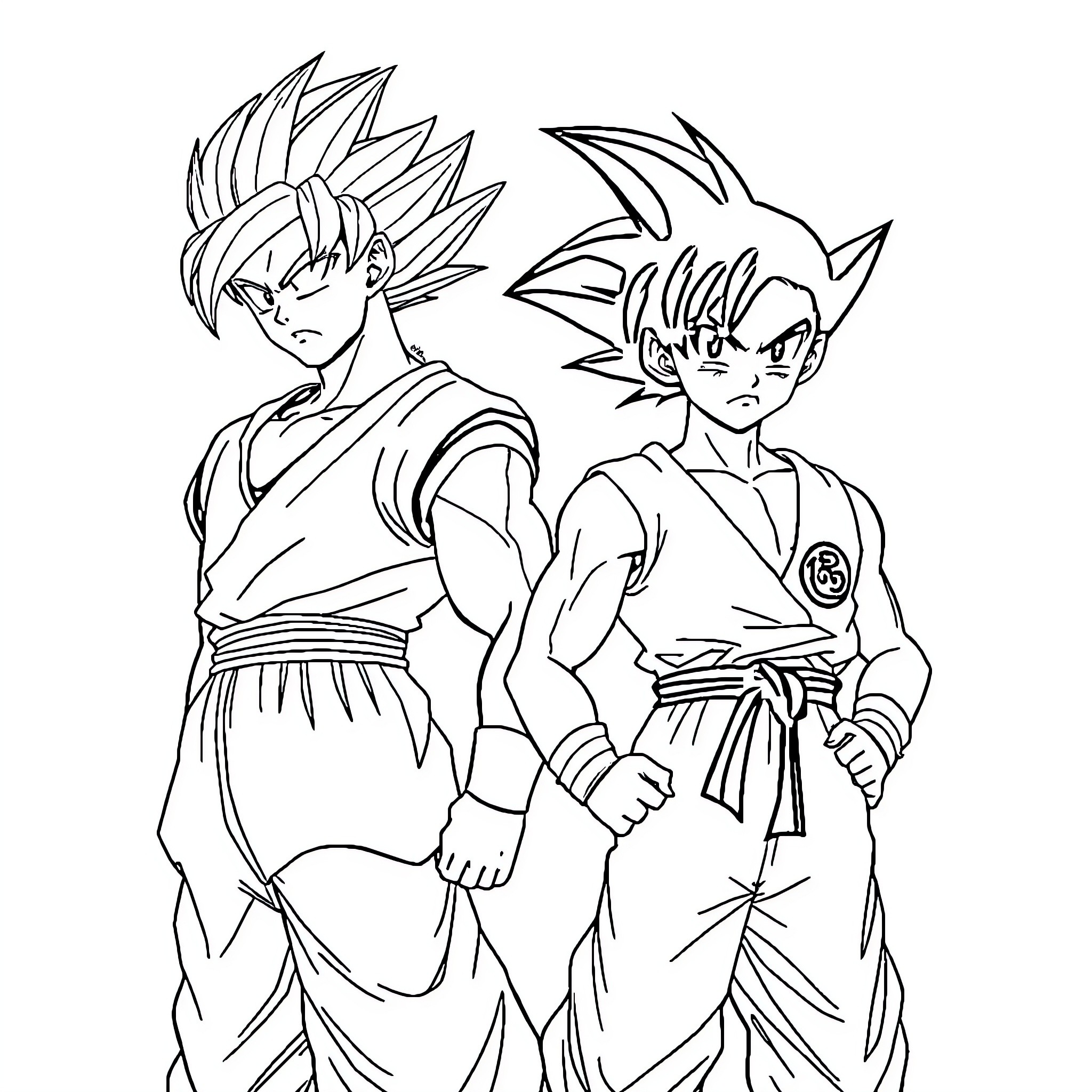 Son Goku and companion in action poses Coloring Page (free black-and-white line drawing printable PDF for all, from beginners to advanced learners, including children, teens, adults, and seniors)