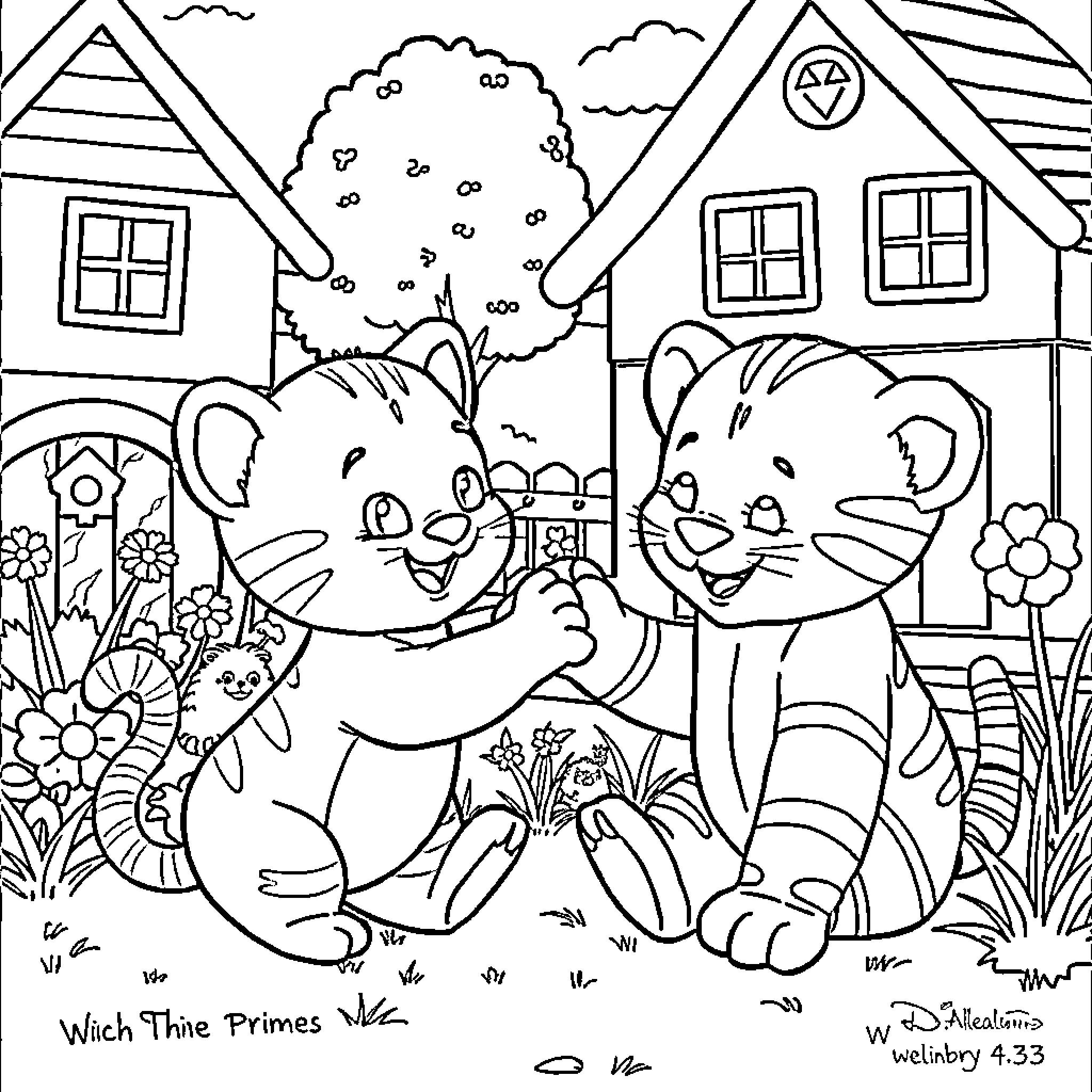 Katerina Kitty Cat and Friends Explore the Charming Neighborhood Coloring Page (free black-and-white line drawing printable PDF for all, from beginners to advanced learners, including children, teens, adults, and seniors)