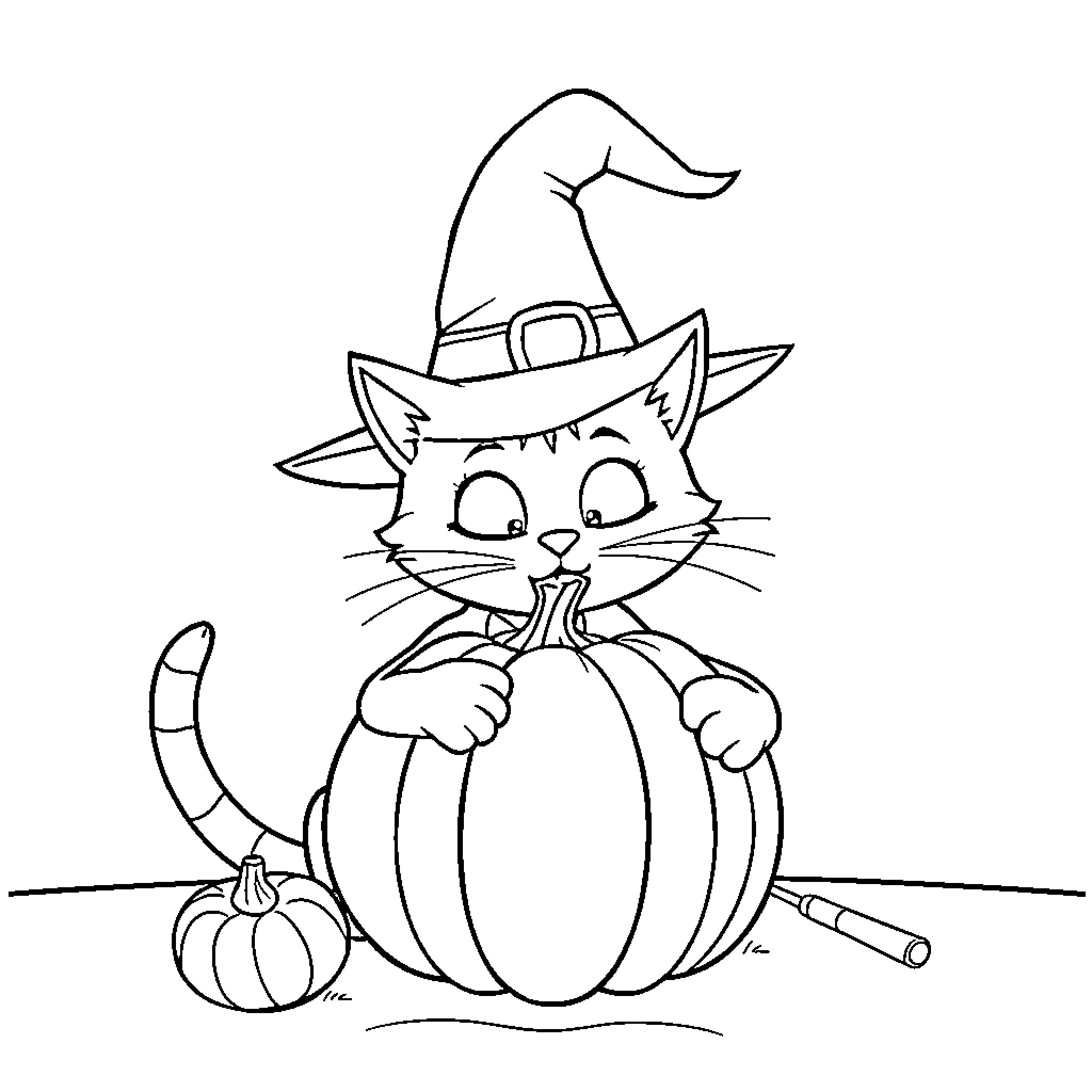 Cat in witch hat with pumpkin Coloring Page (free black-and-white line drawing printable PDF for all, from beginners to advanced learners, including children, teens, adults, and seniors)