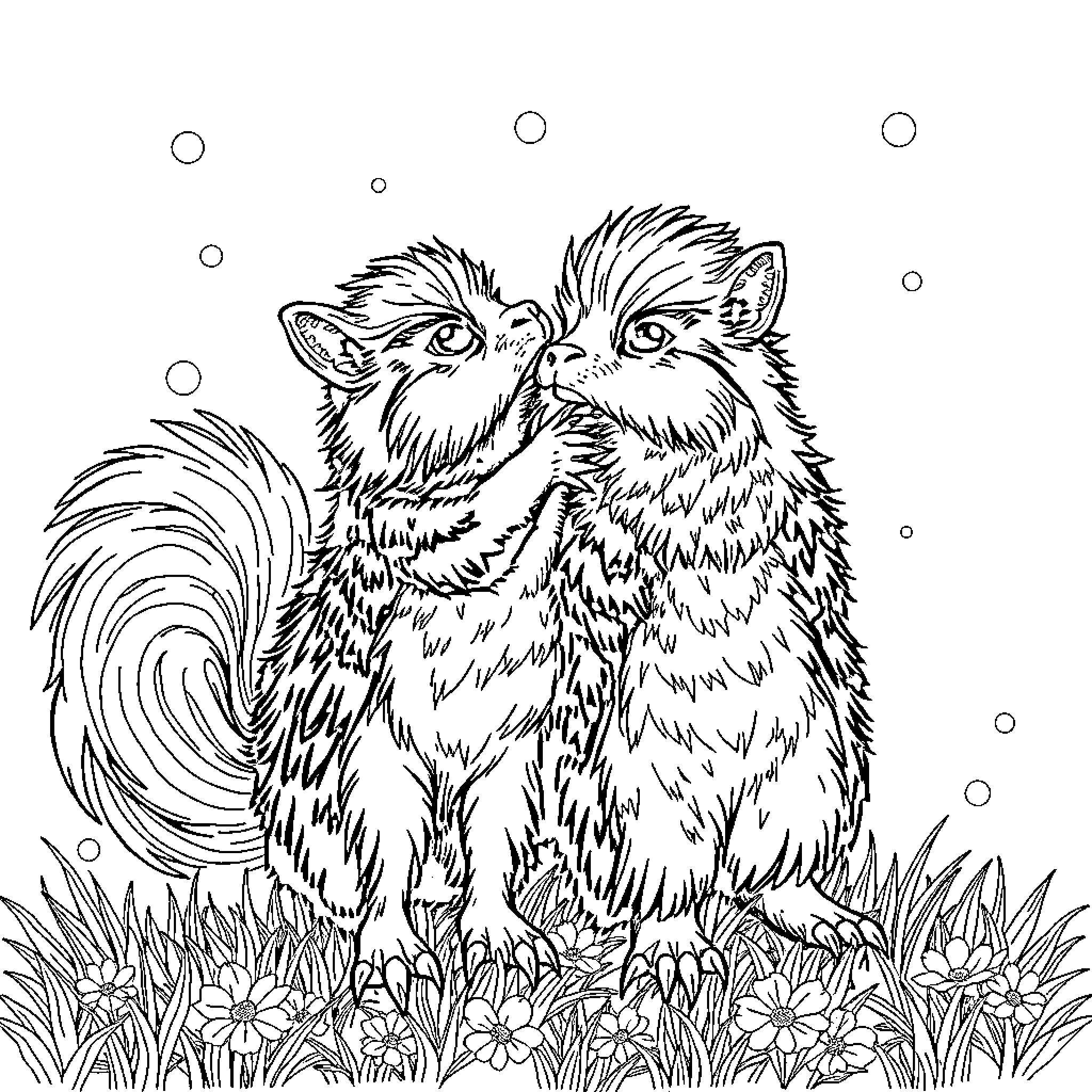 Dog couple nuzzling in a floral field Coloring Page (free black-and-white line drawing printable PDF for all, from beginners to advanced learners, including children, teens, adults, and seniors)