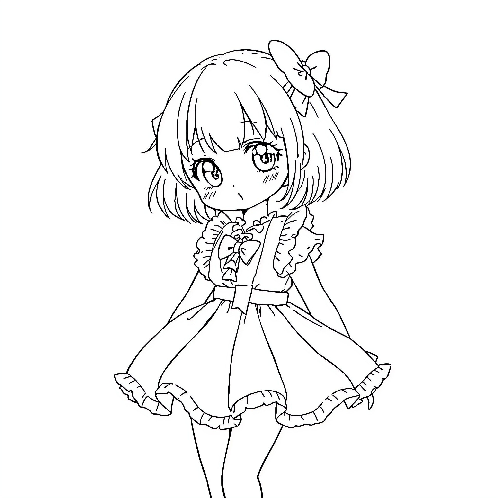 Anime Girl in Cute Dress with Bows Coloring Page (free black-and-white line drawing printable PDF for all, from beginners to advanced learners, including children, teens, adults, and seniors)