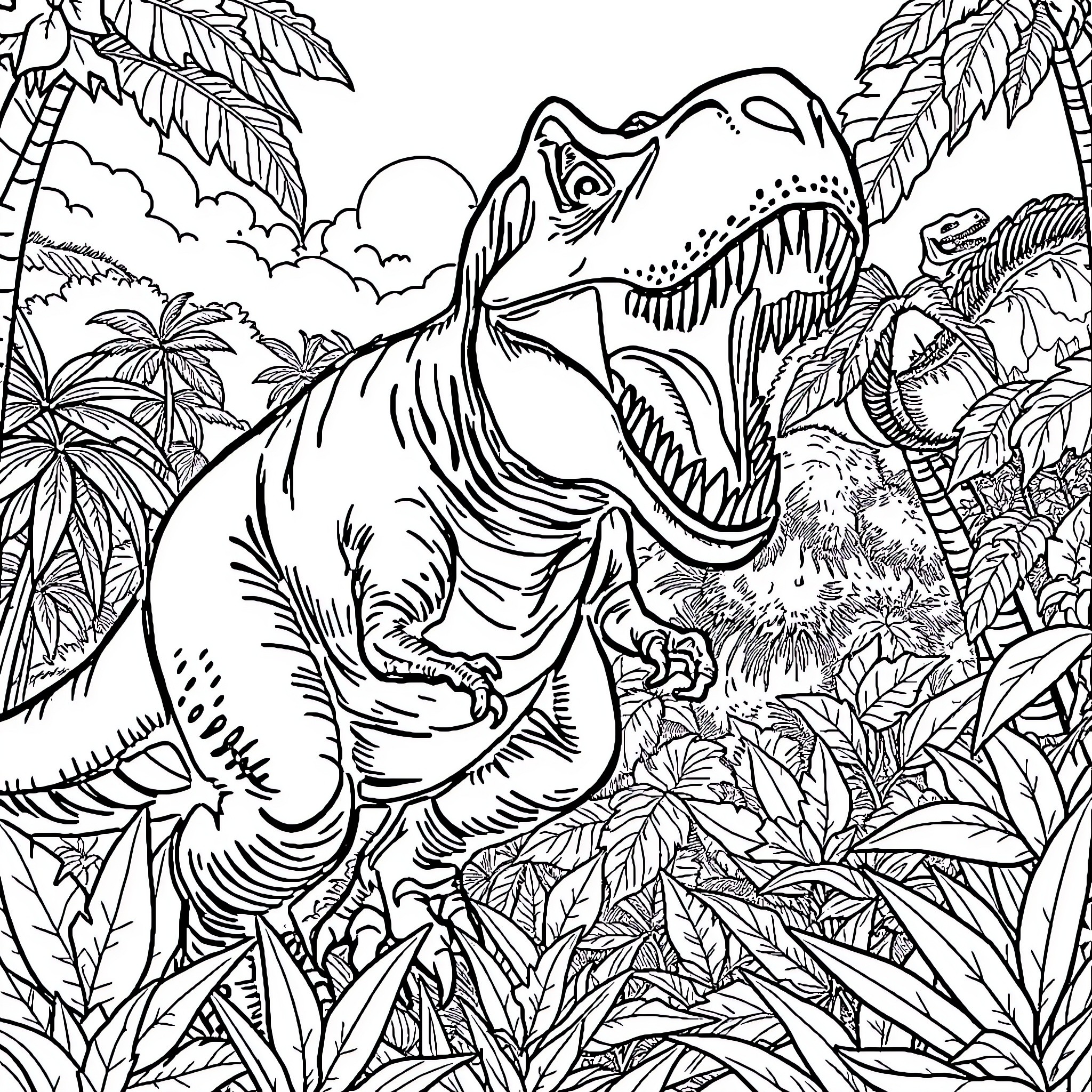 T-Rex Roaring Fiercely in Lush Prehistoric Jungle Coloring Page (free black-and-white line drawing printable PDF for all, from beginners to advanced learners, including children, teens, adults, and seniors)